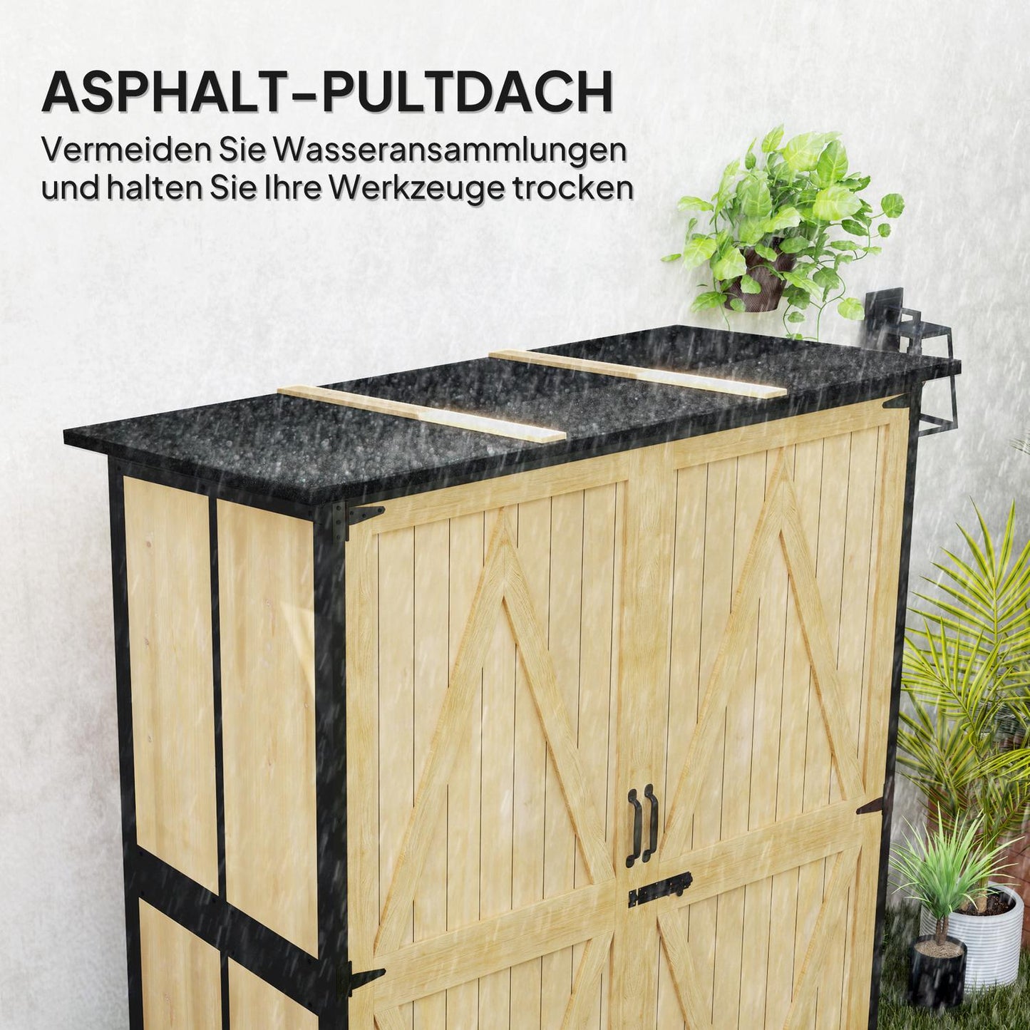 Weatherproof wooden garden tool shed with shelves