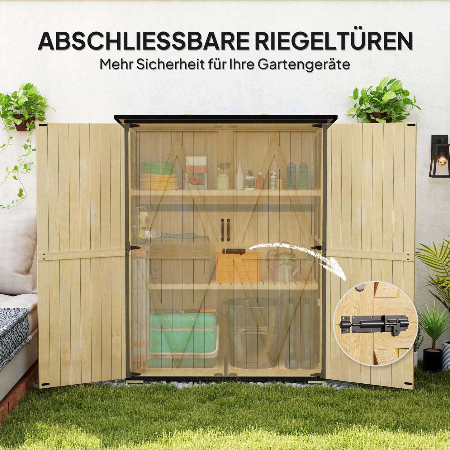 Weatherproof wooden garden tool shed with shelves
