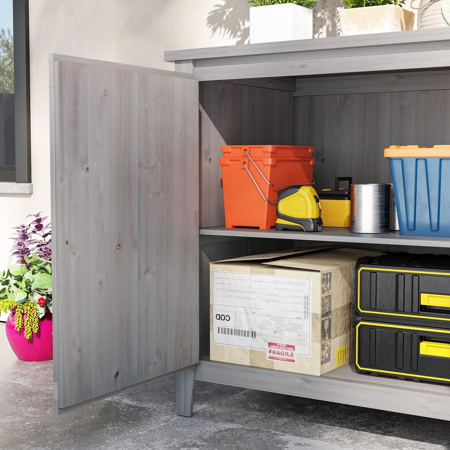 Garden tool shed in wood - weatherproof with shelves 110x60x88.5 cm
