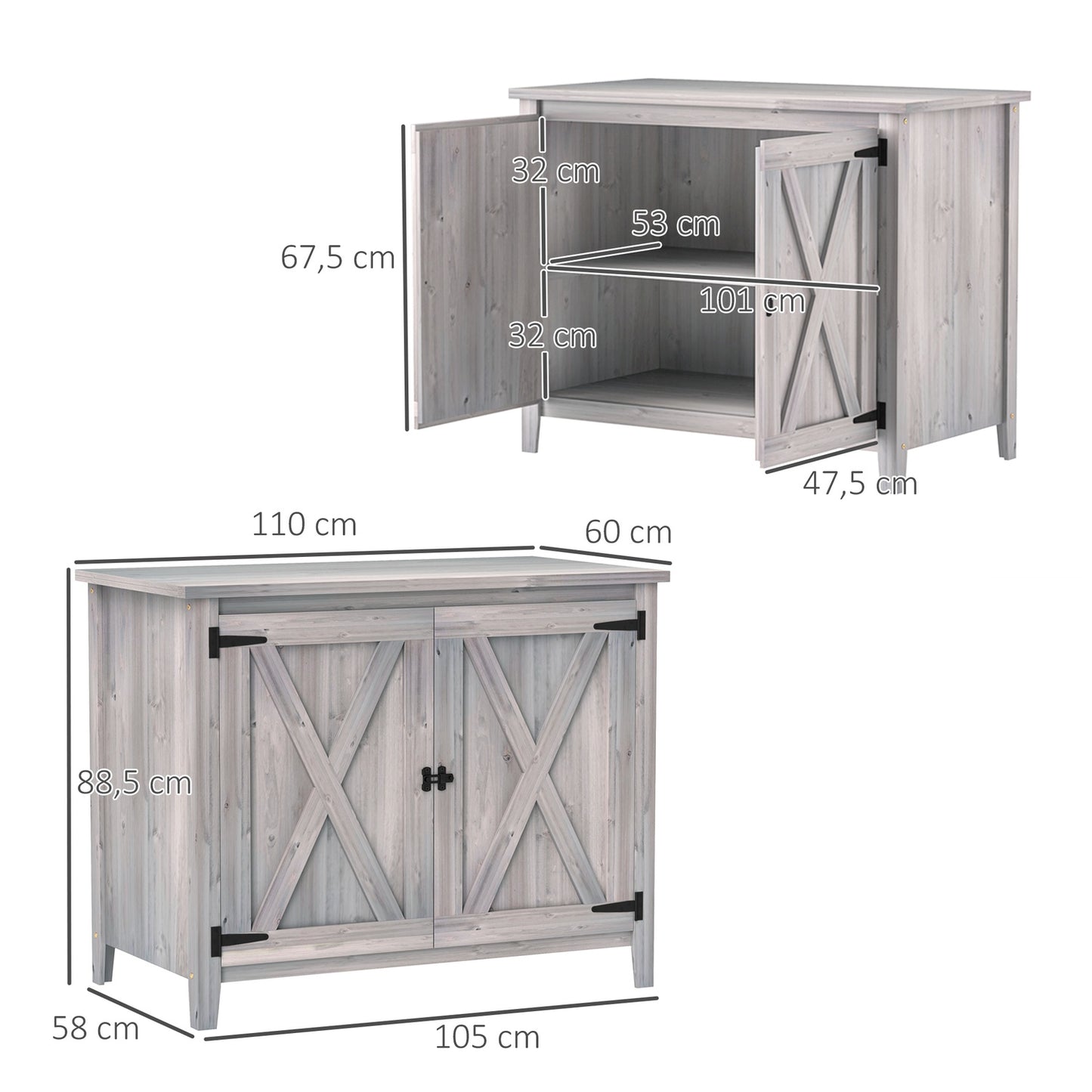 Garden tool shed in wood - weatherproof with shelves 110x60x88.5 cm