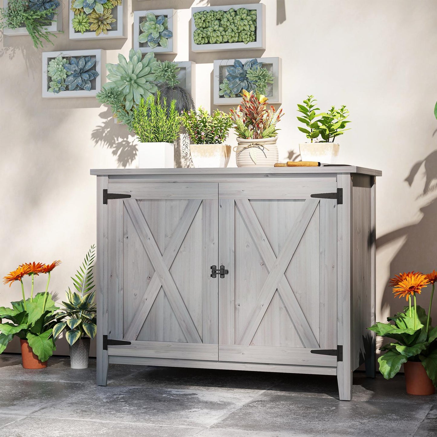 Garden tool shed in wood - weatherproof with shelves 110x60x88.5 cm