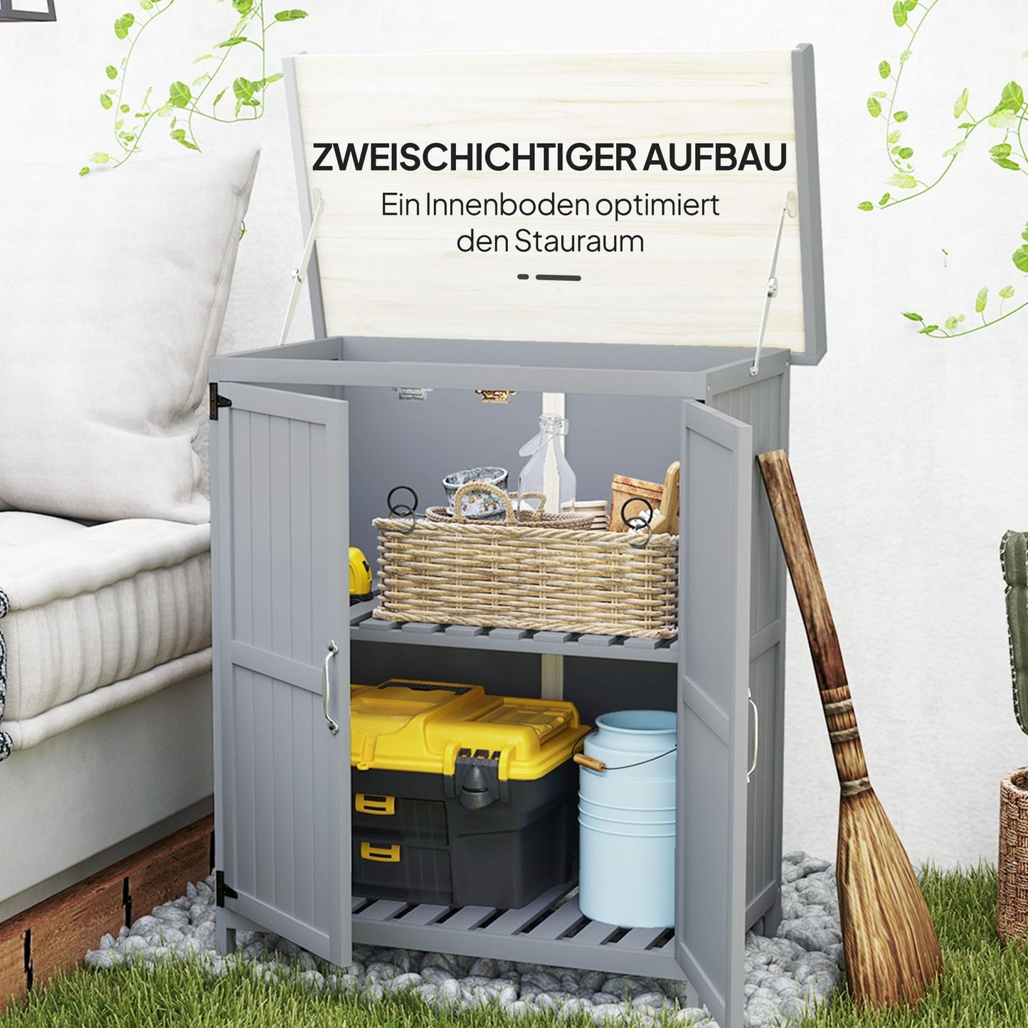 Weatherproof wooden garden tool shed, grey, 74x43x88cm