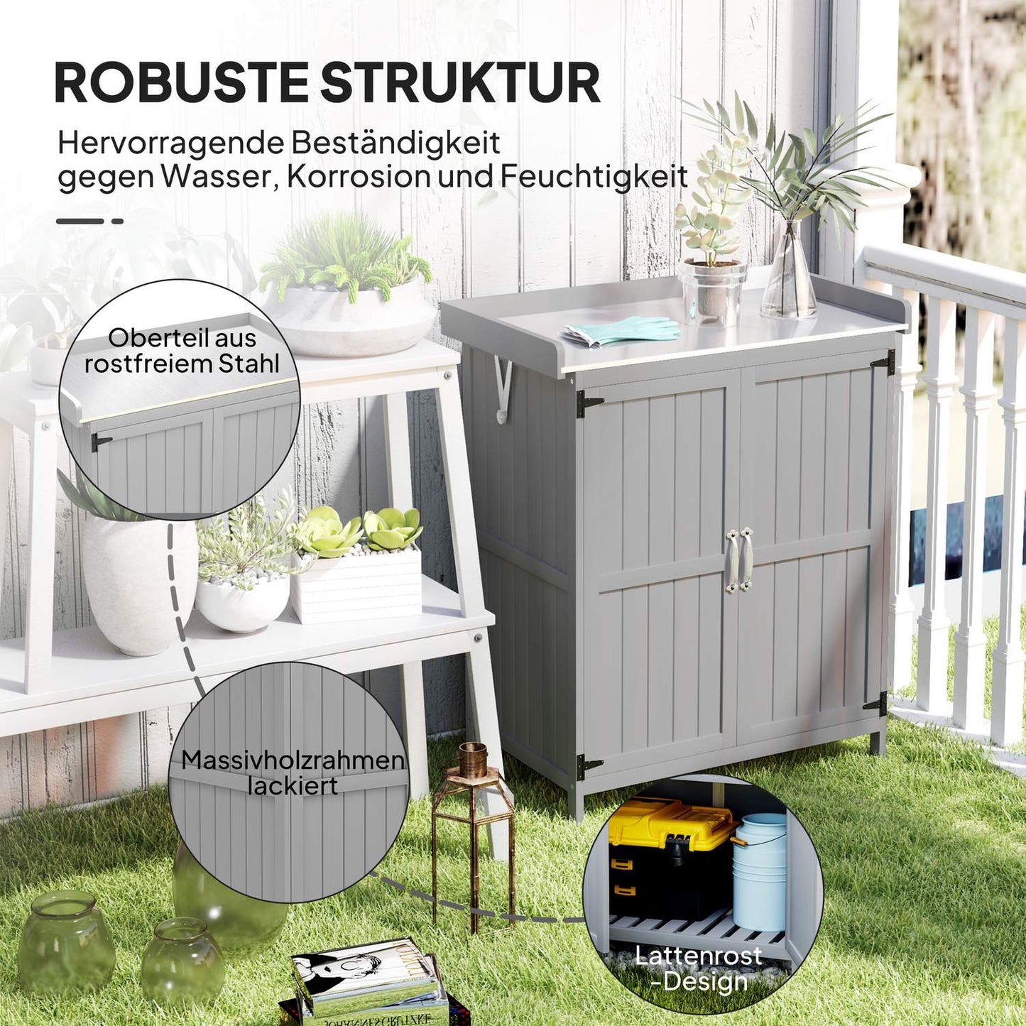 Weatherproof wooden garden tool shed, grey, 74x43x88cm