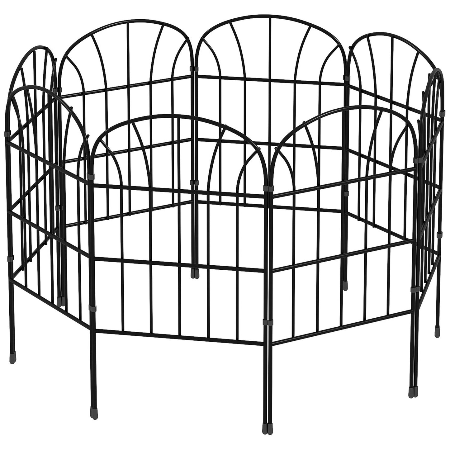 Decorative metal garden fence with base, set of 8, black