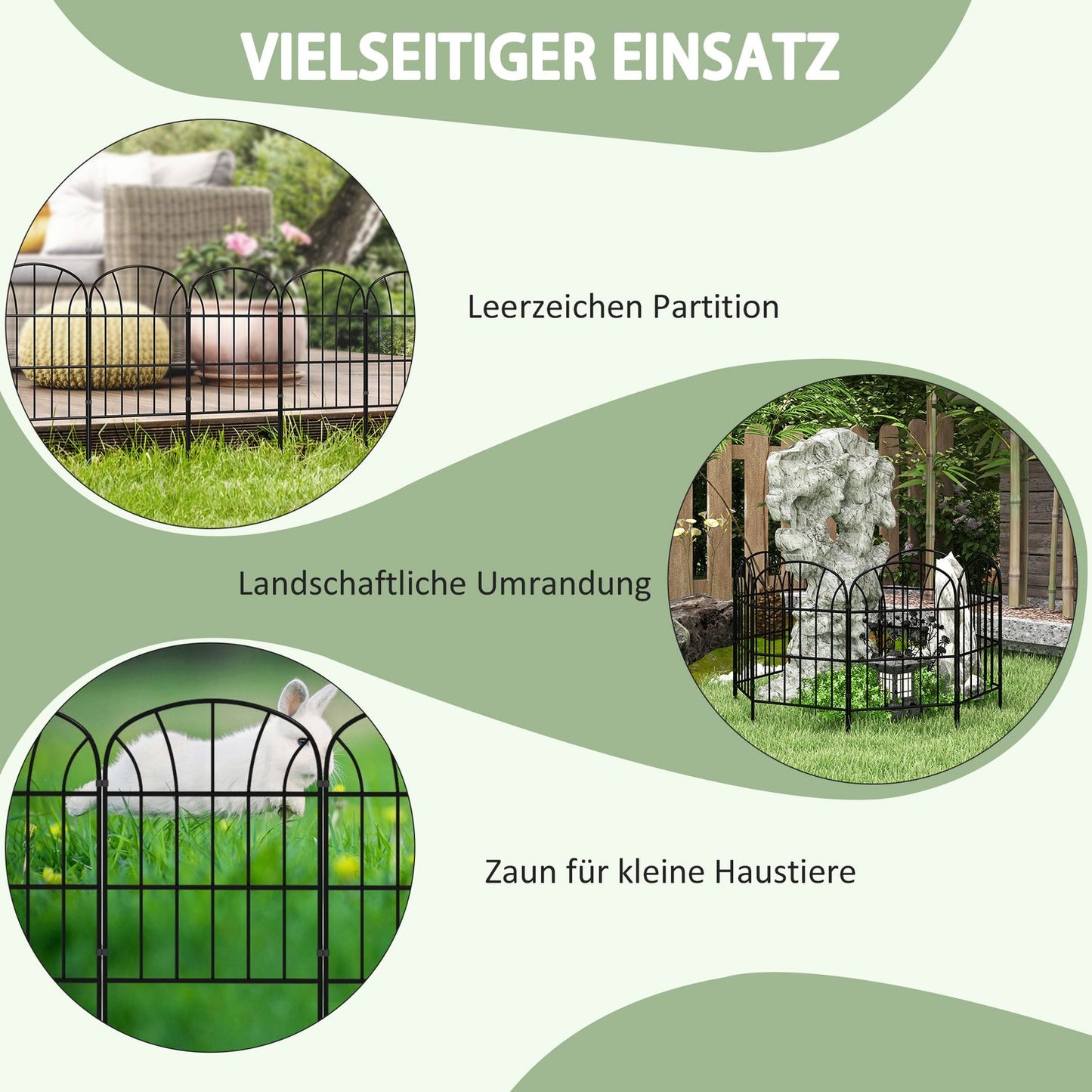Decorative metal garden fence with base, set of 8, black