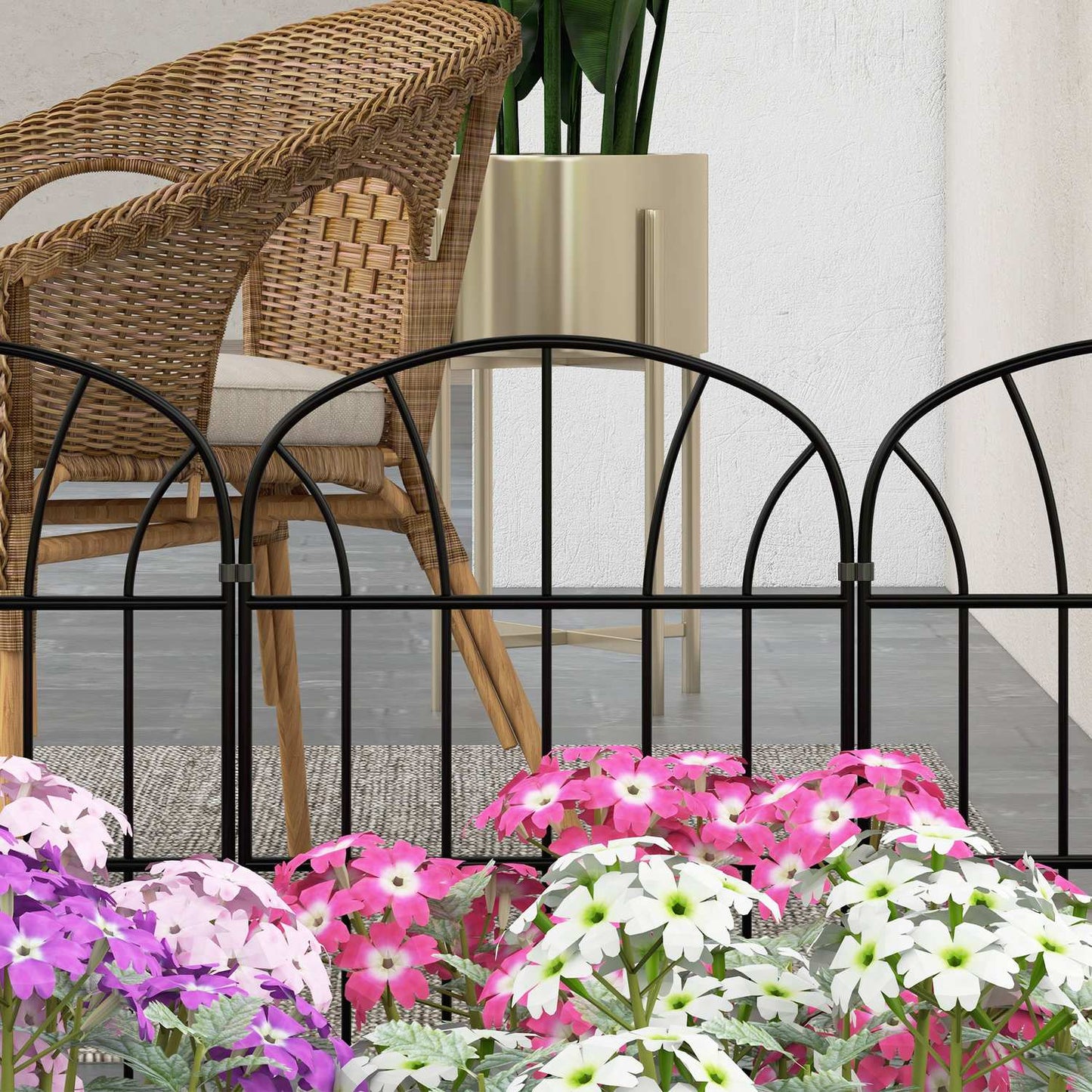 Decorative metal garden fence with base, set of 8, black