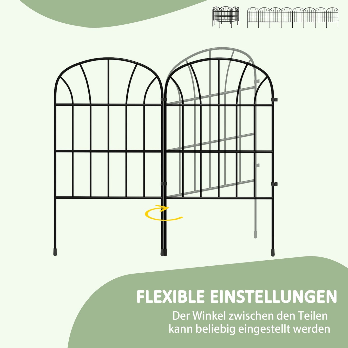 Decorative metal garden fence with base, set of 8, black