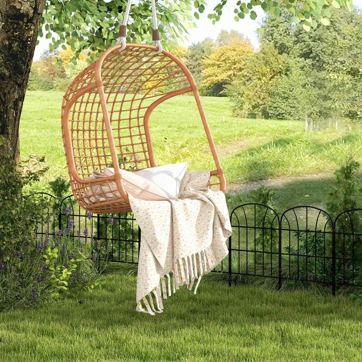 Decorative metal garden fence with base, set of 8, black