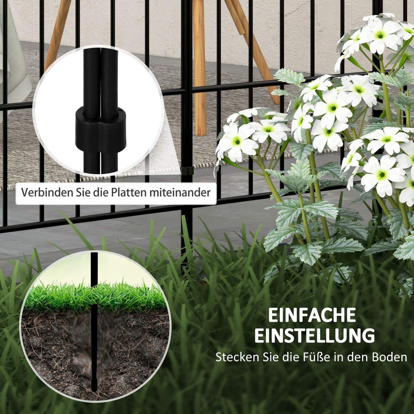 Decorative metal garden fence with base, set of 8, black