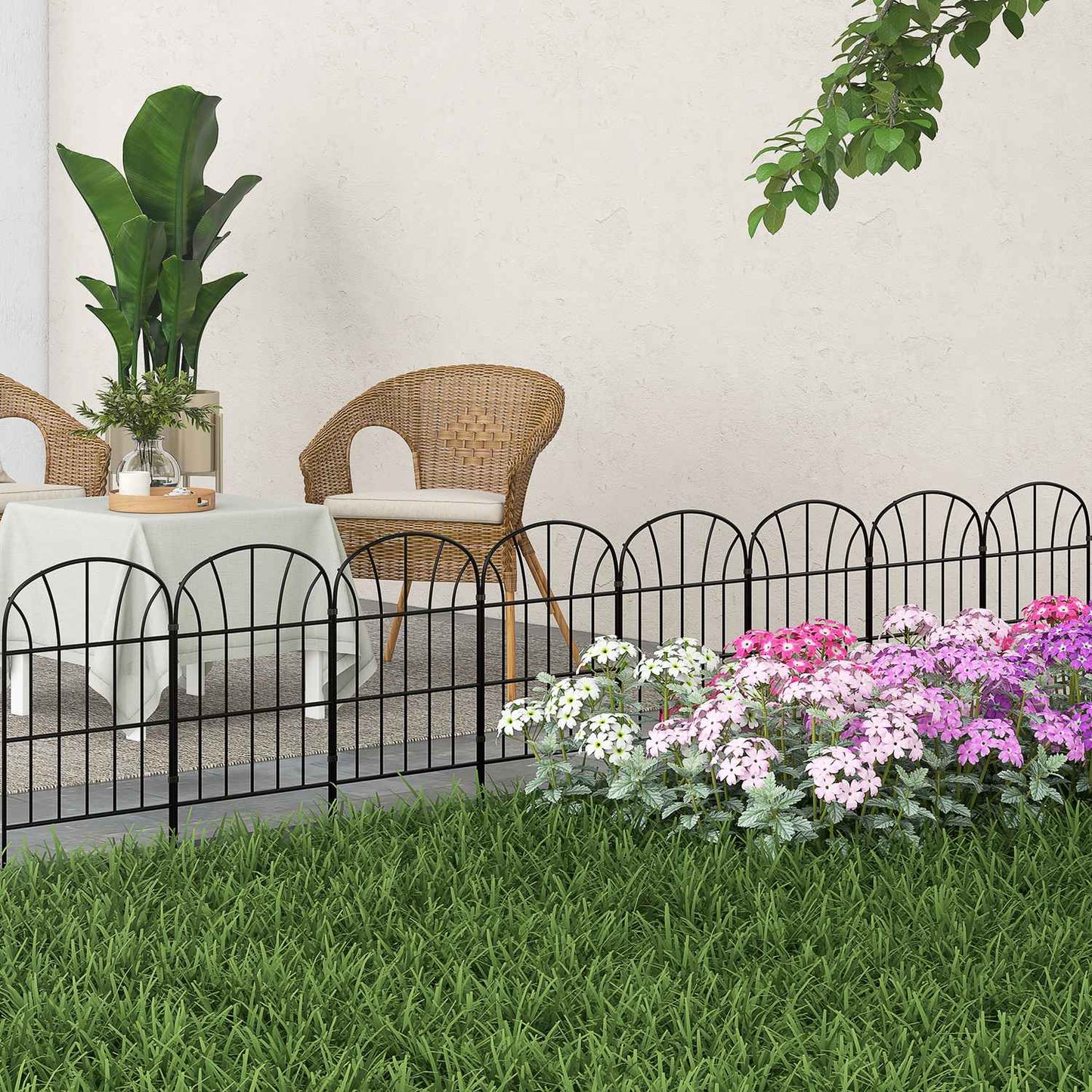 Decorative metal garden fence with base, set of 8, black