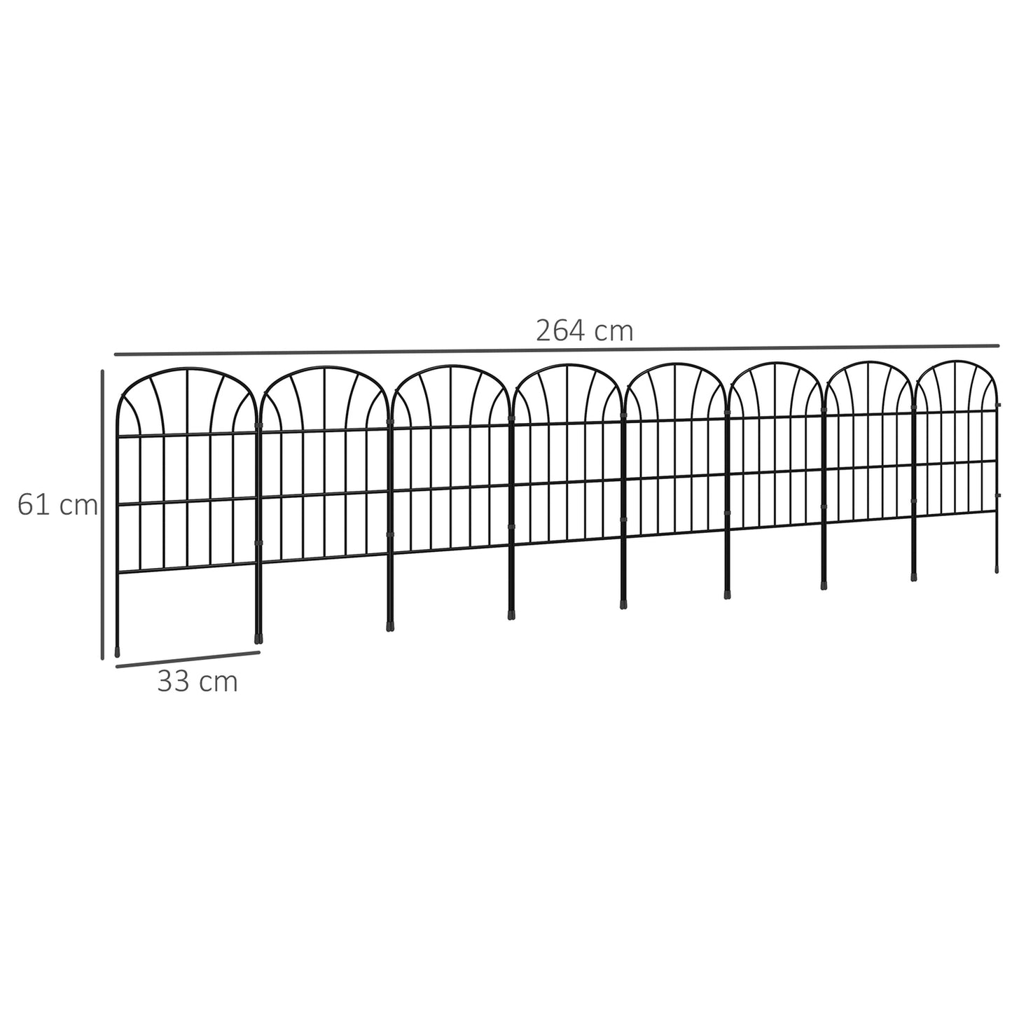 Decorative metal garden fence with base, set of 8, black
