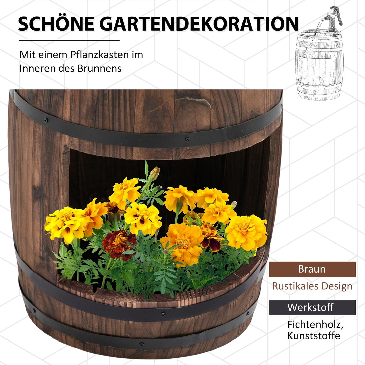 Garden fountain in wood and metal with waterfall, Ø32x58.5cm