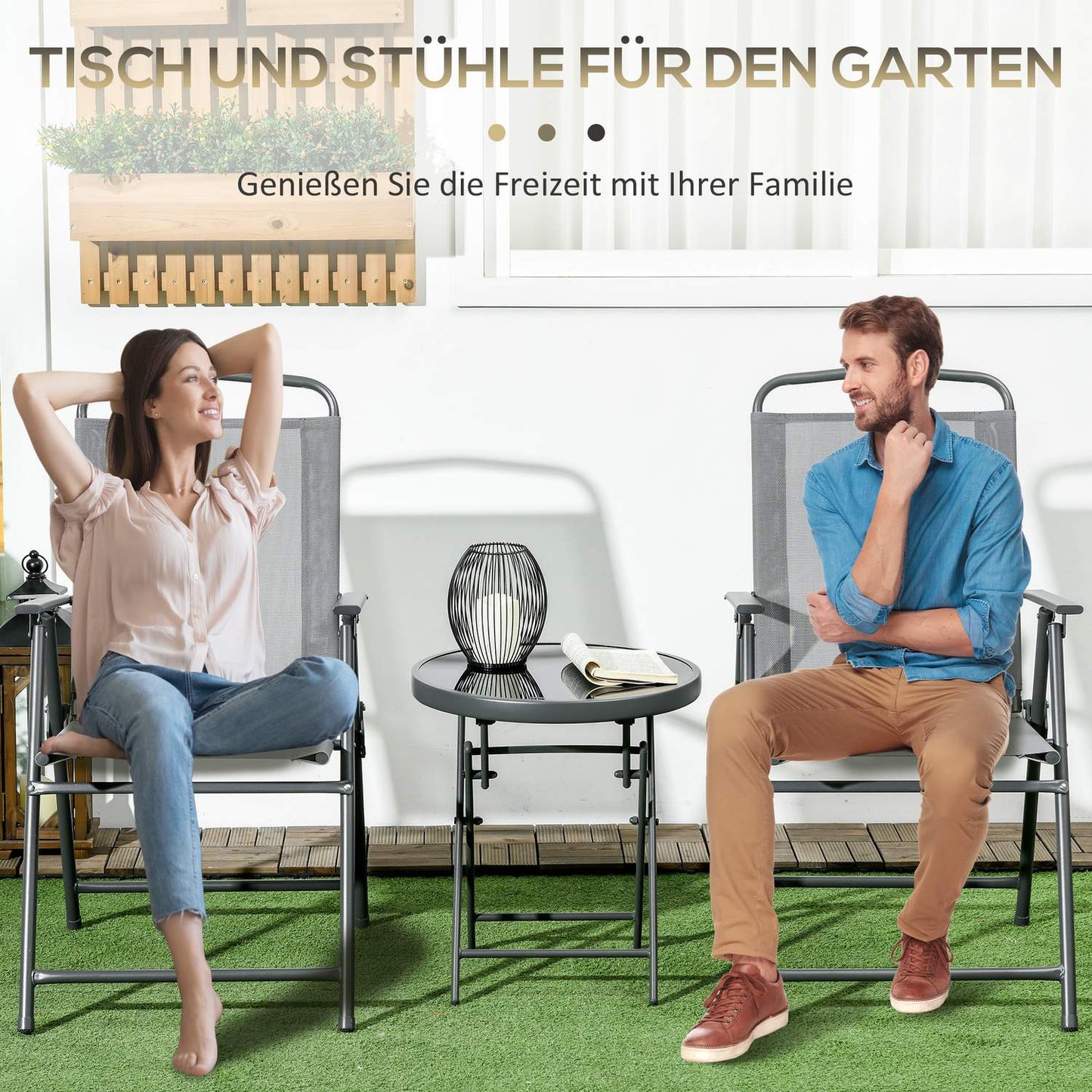 Folding bistro set - steel & mesh, light gray - 3-piece