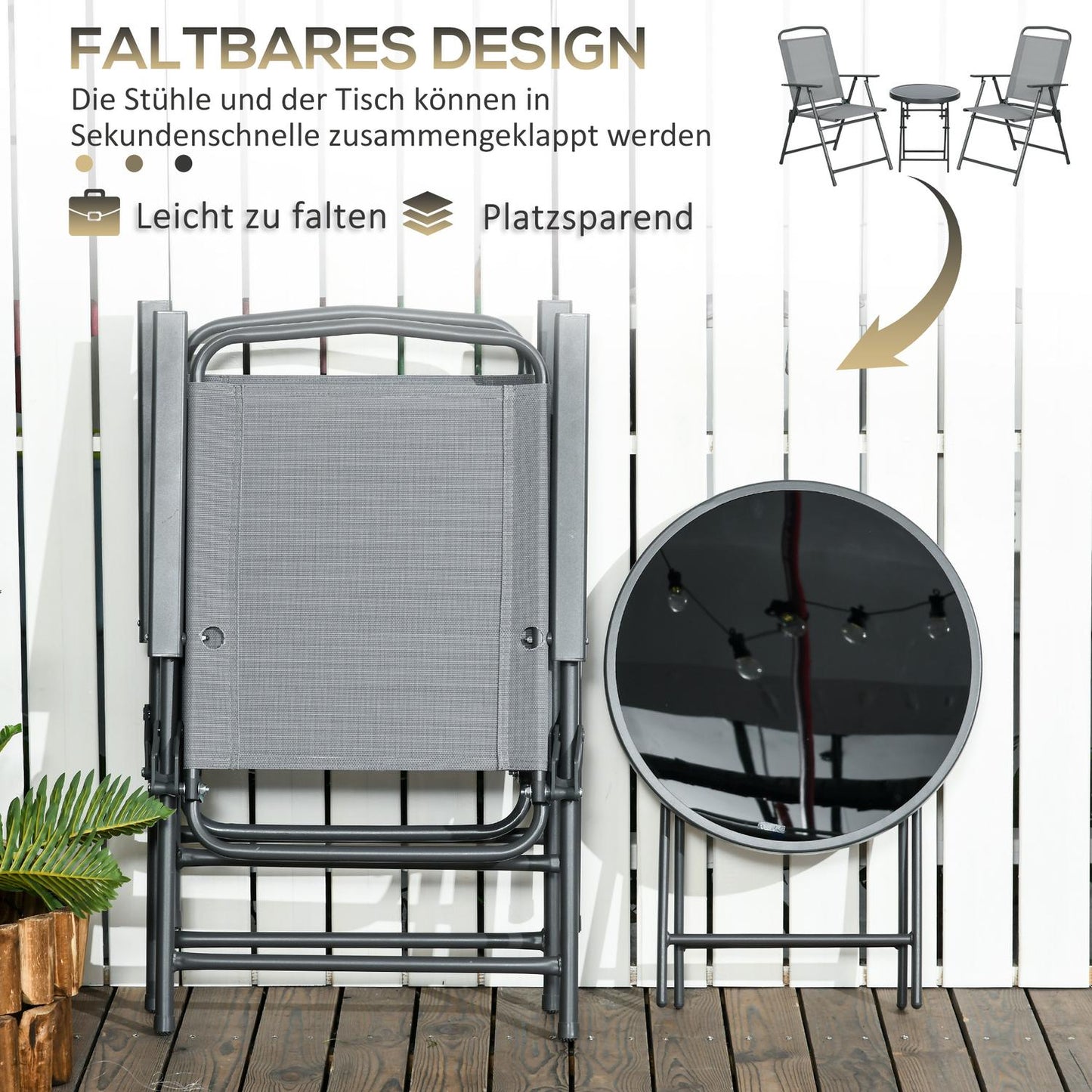 Folding bistro set - steel & mesh, light gray - 3-piece