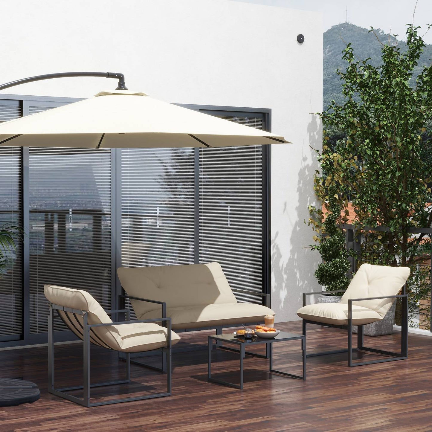 4-piece outdoor furniture - sofa, chairs, table, cushions