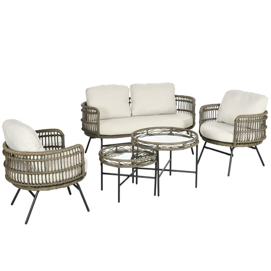 5 Piece Rattan Patio, Cushions, Brown Boho Style
