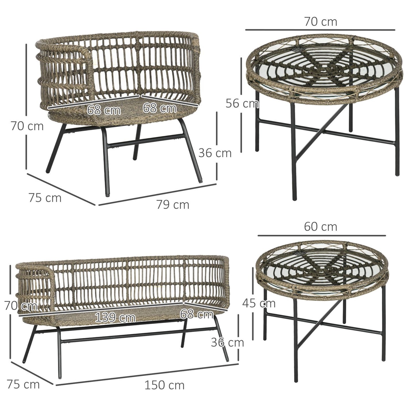 5 Piece Rattan Patio, Cushions, Brown Boho Style