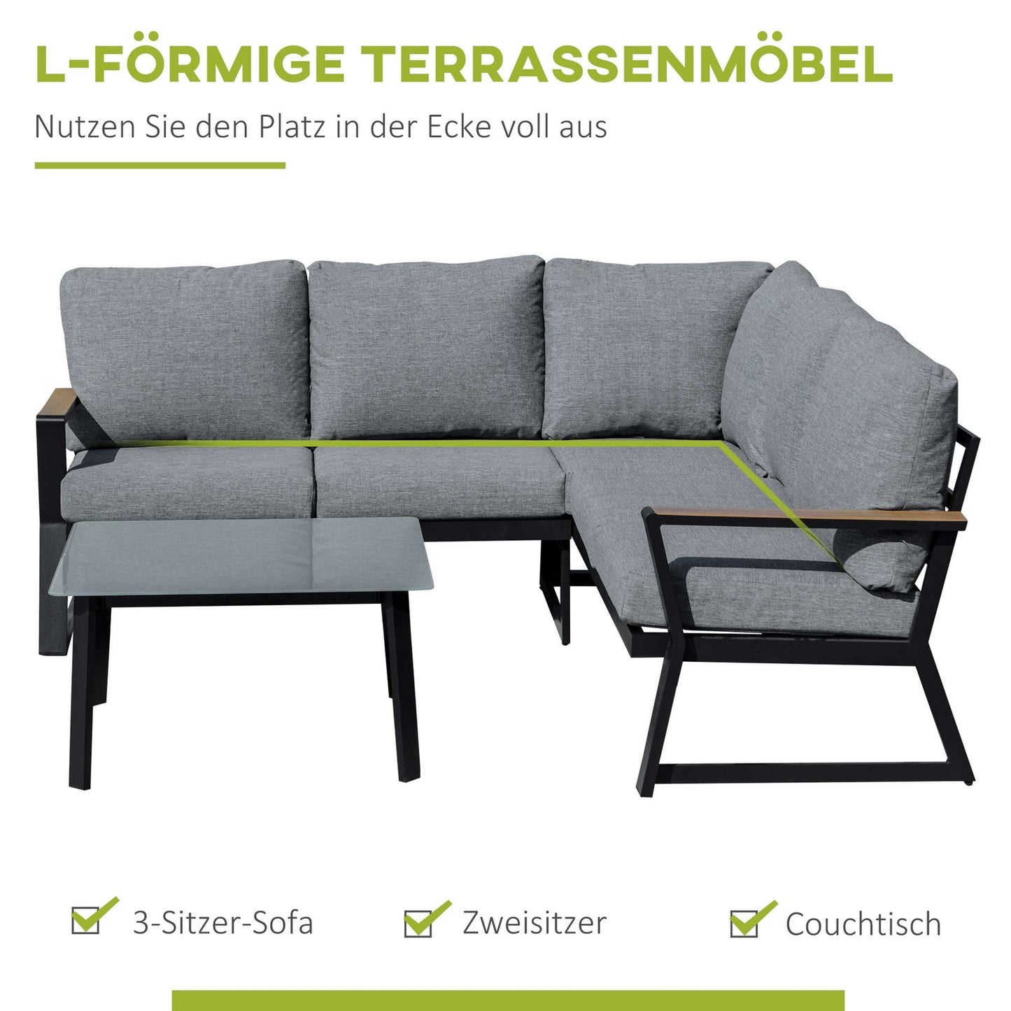 L-shaped outdoor furniture set, aluminum sofa and table, gray cushions