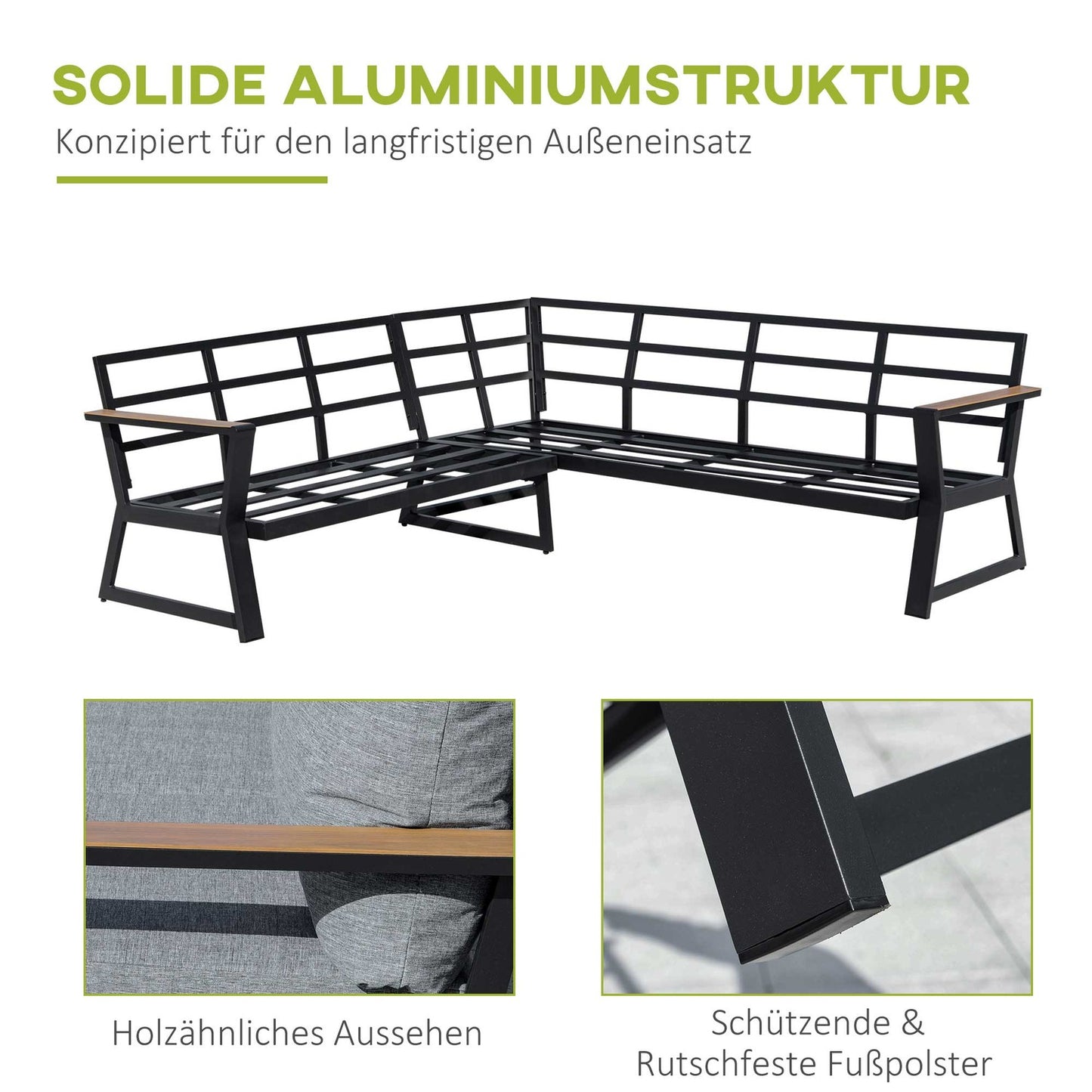 L-shaped outdoor furniture set, aluminum sofa and table, gray cushions