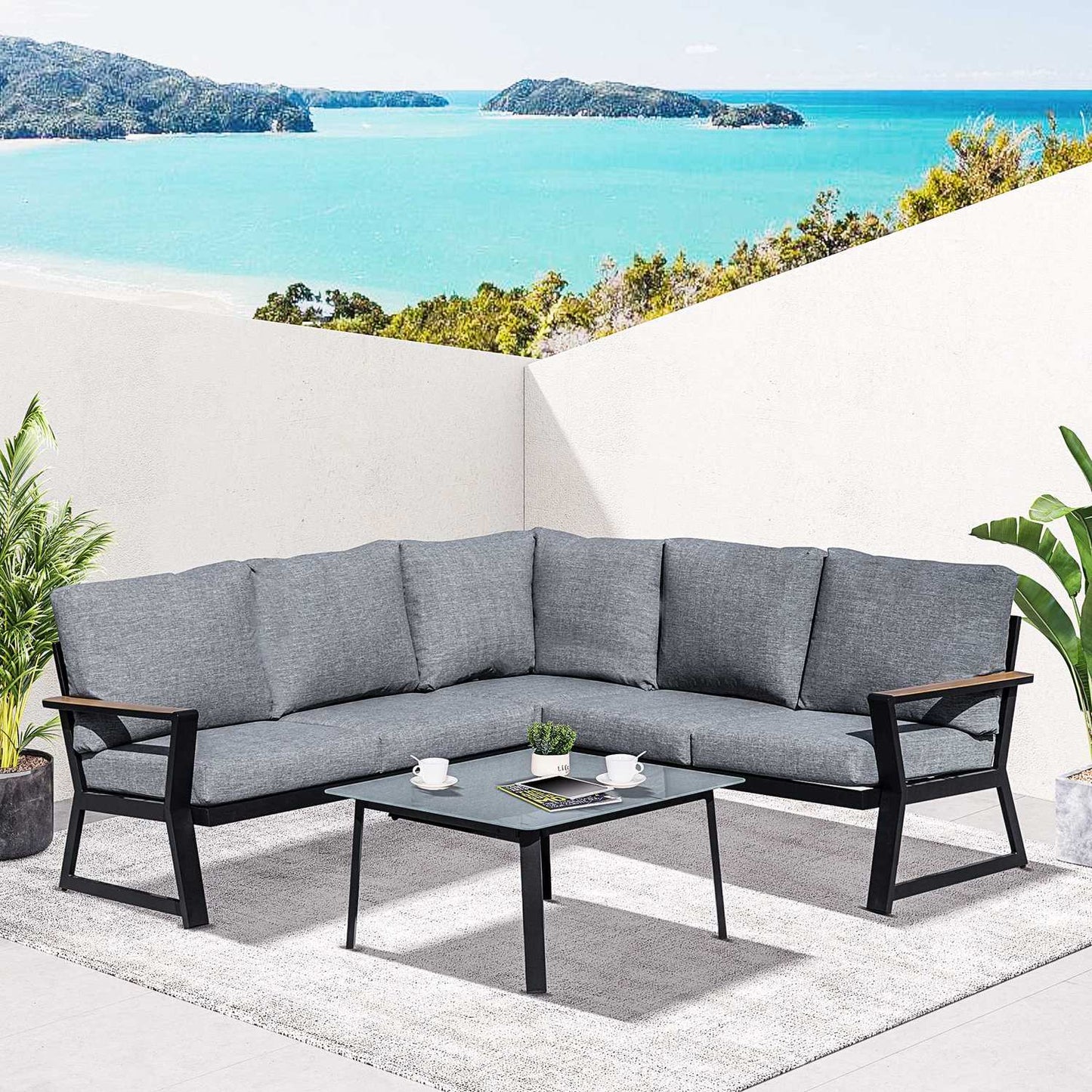 L-shaped outdoor furniture set, aluminum sofa and table, gray cushions