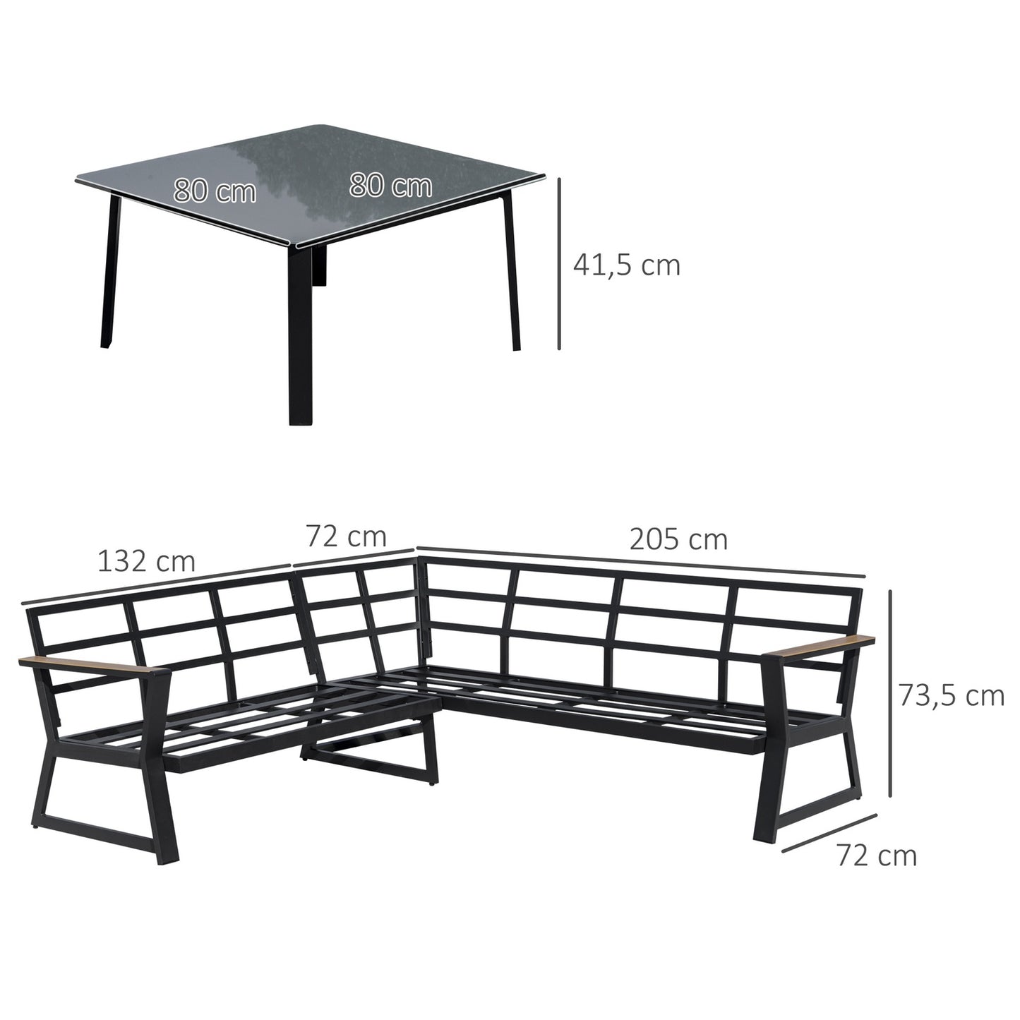 L-shaped outdoor furniture set, aluminum sofa and table, gray cushions