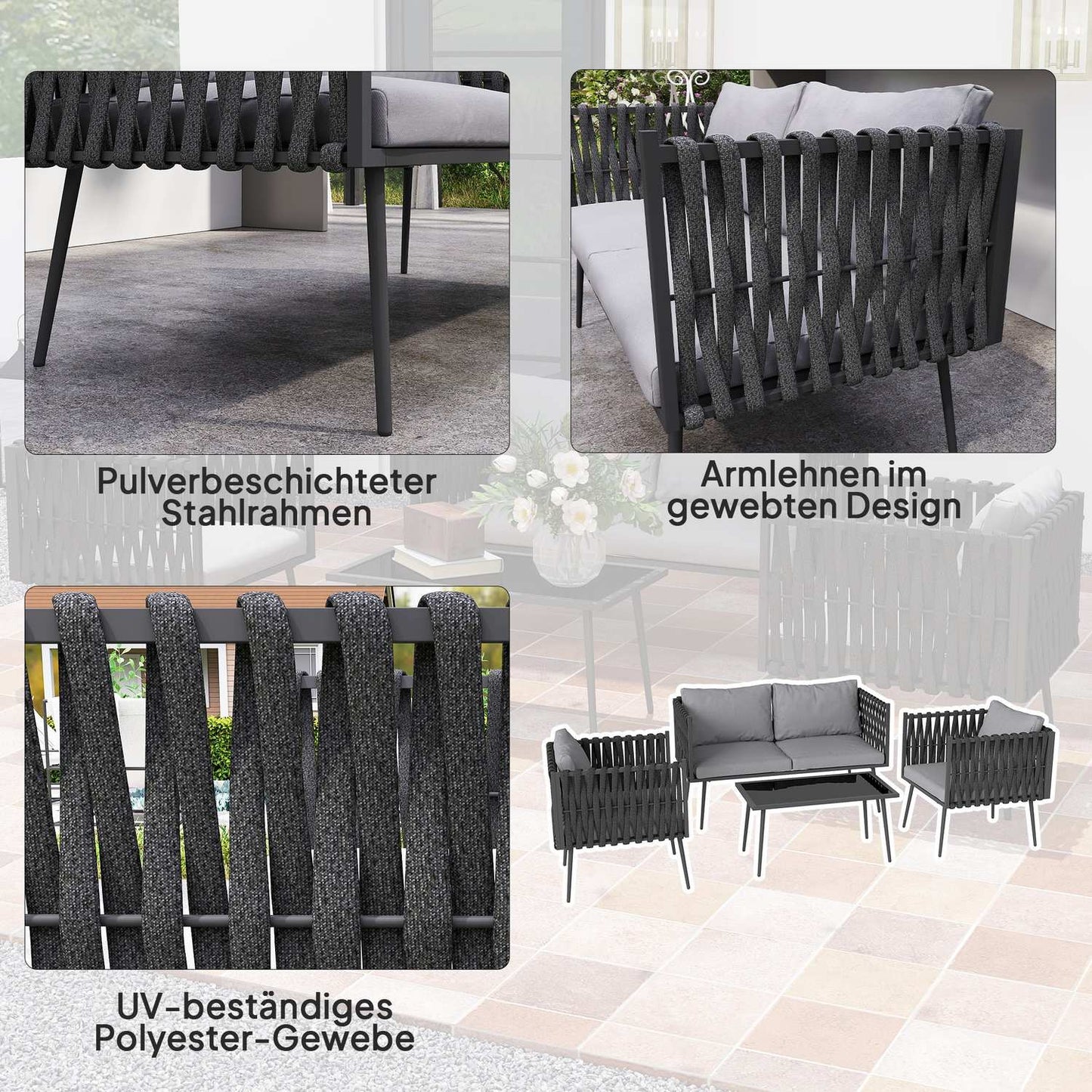 Garden furniture set for 4 people, weatherproof, balcony furniture set with 2-seater sofa, armchair, glass table, seat cushion, light grey