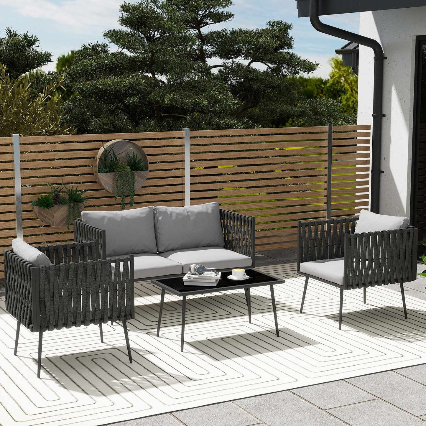 Garden furniture set for 4 people, weatherproof, balcony furniture set with 2-seater sofa, armchair, glass table, seat cushion, light grey