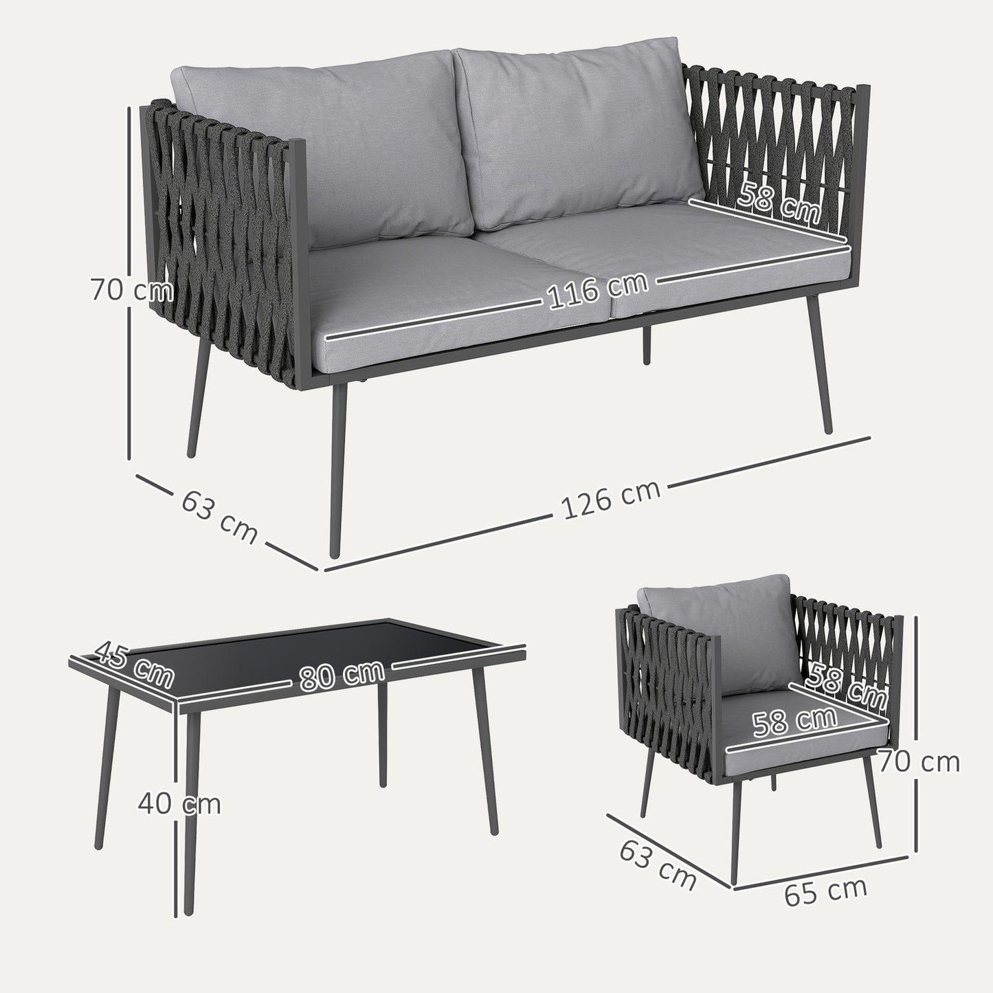 Garden furniture set for 4 people, weatherproof, balcony furniture set with 2-seater sofa, armchair, glass table, seat cushion, light grey