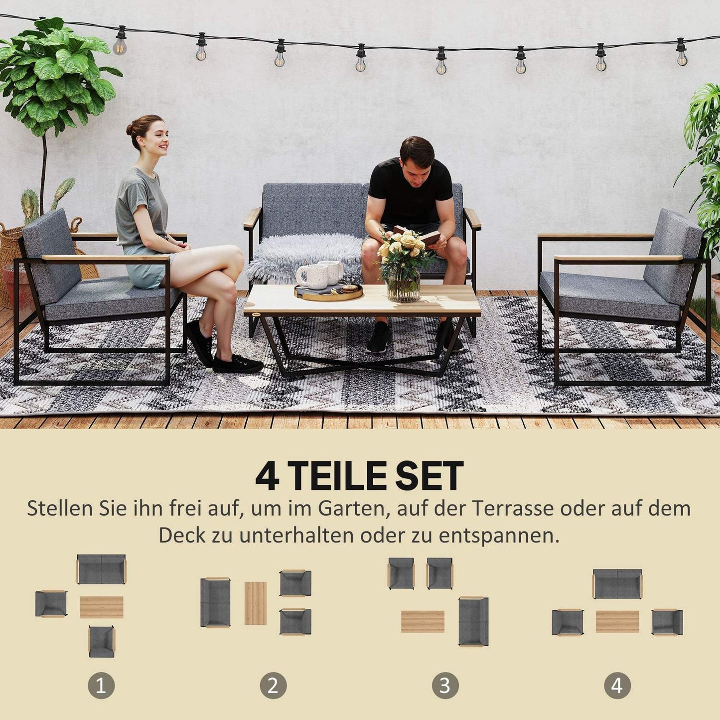 Outdoor garden furniture set for 4, weatherproof with cushions
