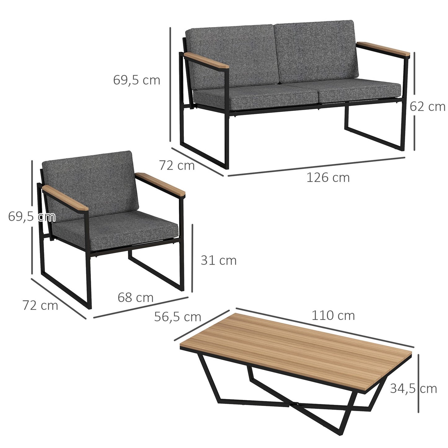 Outdoor garden furniture set for 4, weatherproof with cushions