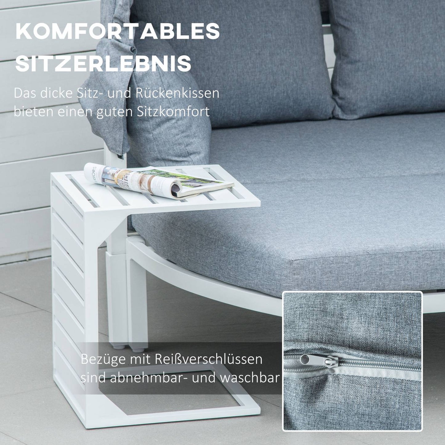 5-piece garden furniture set with canopy and cushions, white/grey