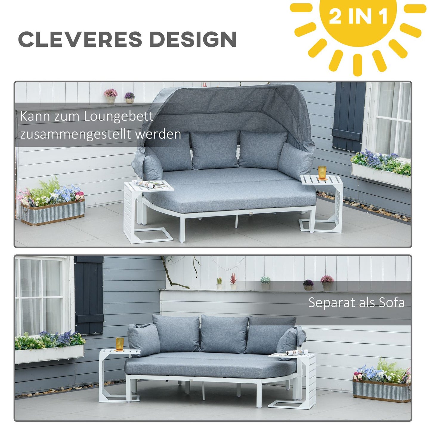 5-piece garden furniture set with canopy and cushions, white/grey