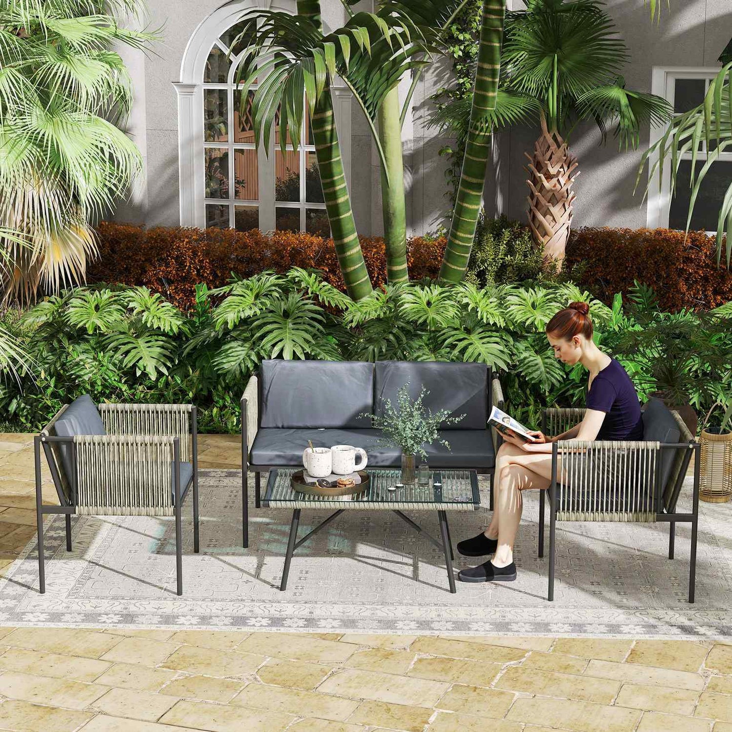 Garden furniture set in poly rattan with cushions - Grey