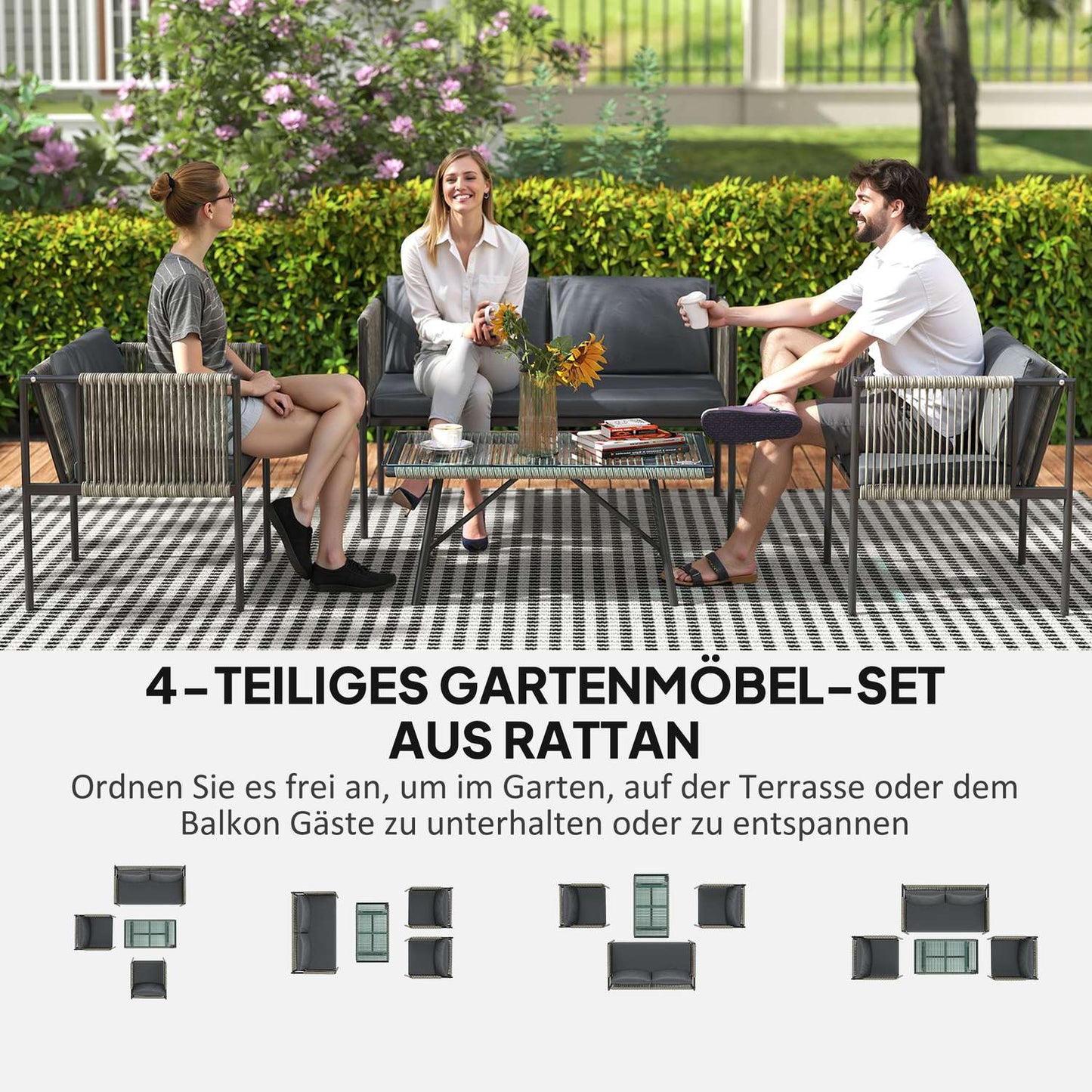 Garden furniture set in poly rattan with cushions - Grey