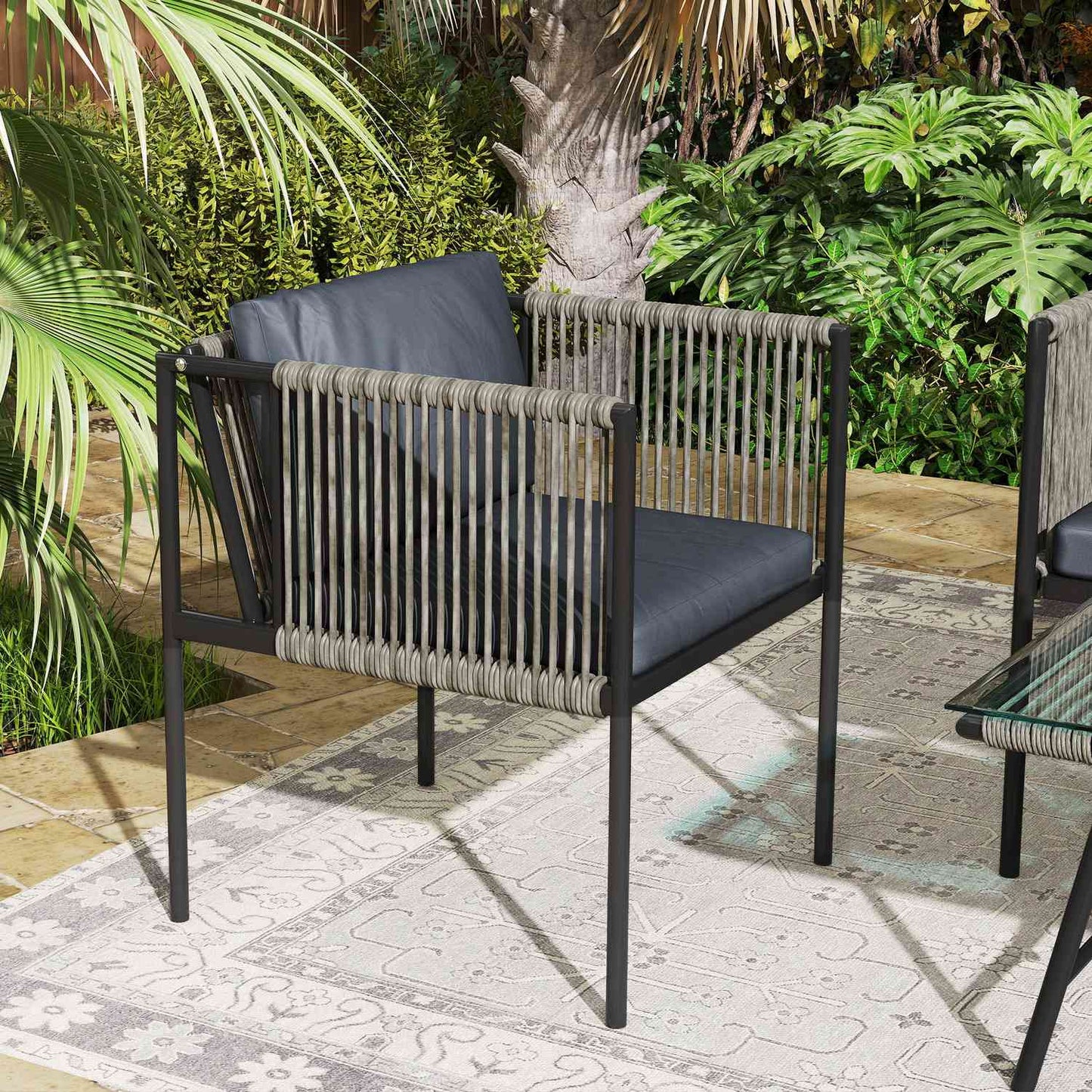Garden furniture set in poly rattan with cushions - Grey