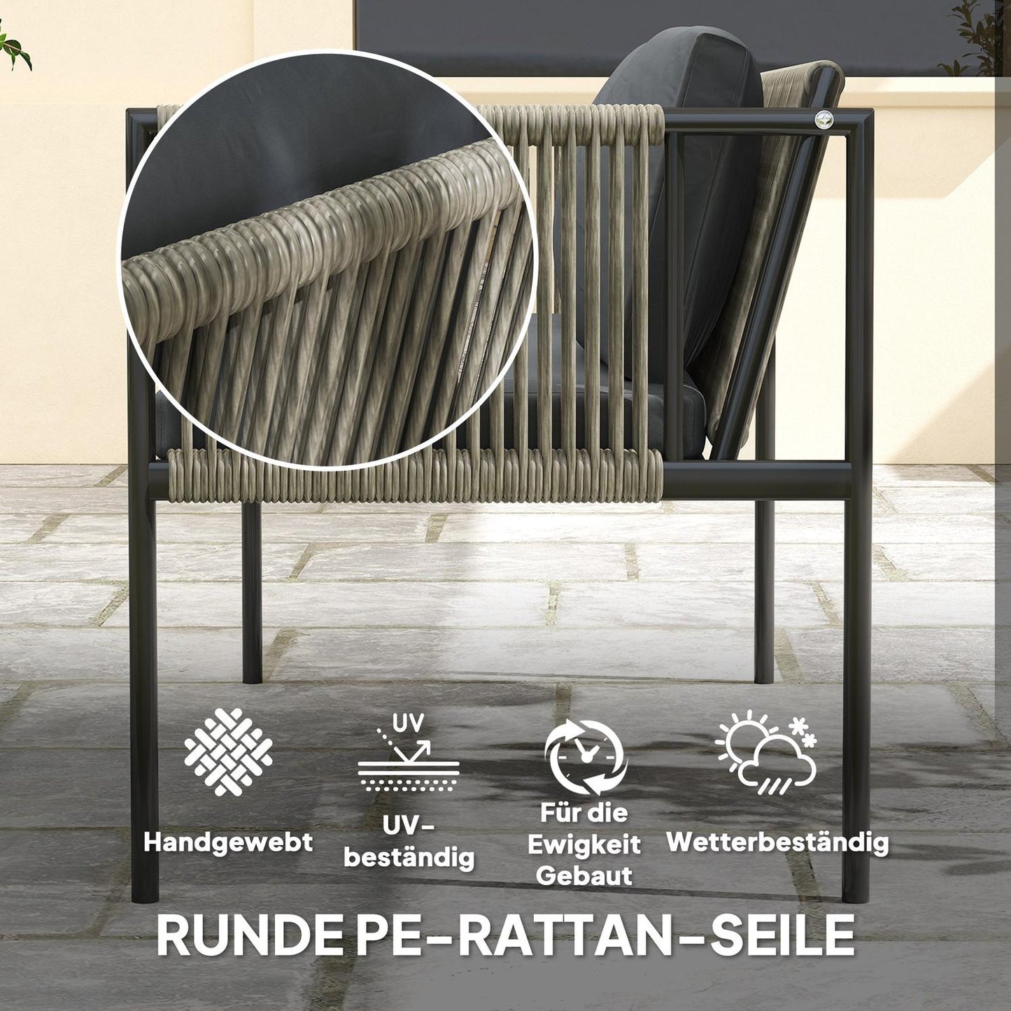 Garden furniture set in poly rattan with cushions - Grey
