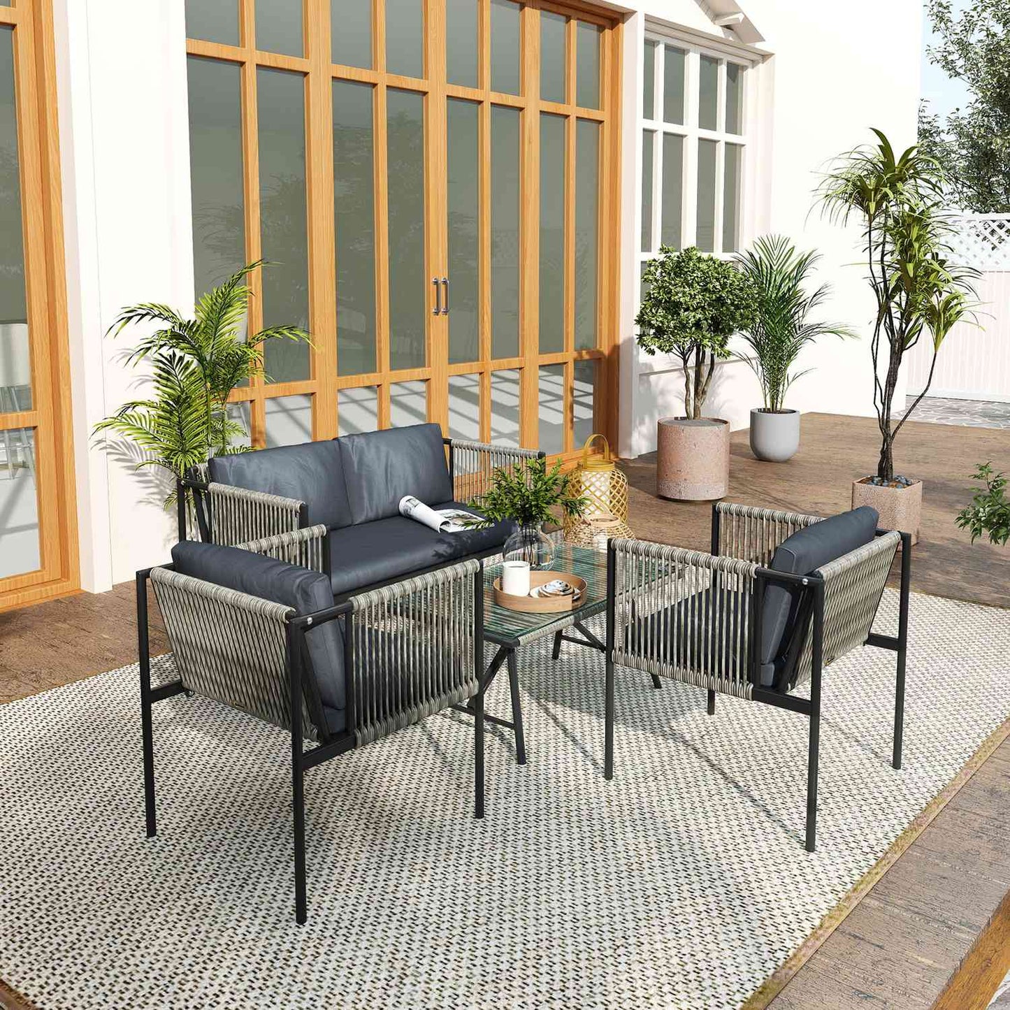Garden furniture set in poly rattan with cushions - Grey