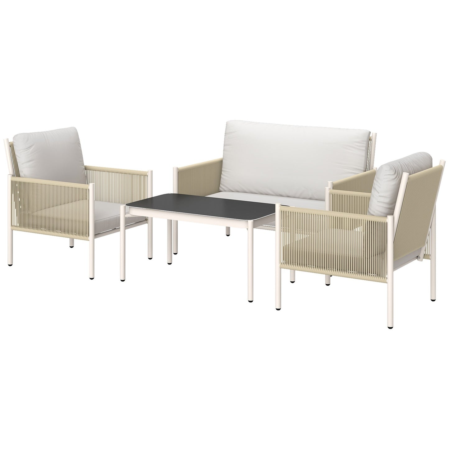 Outdoor poly rattan lounge set with cushions, seats 4
