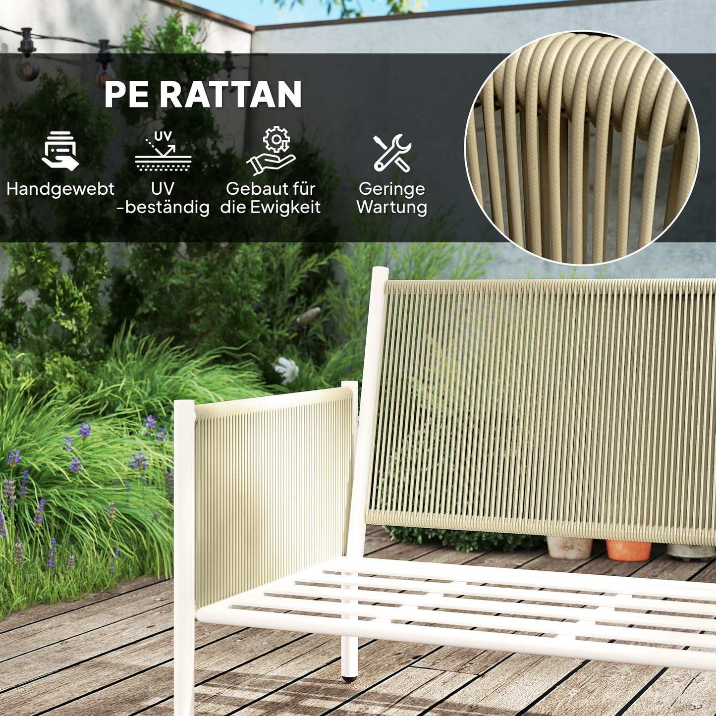 Outdoor poly rattan lounge set with cushions, seats 4