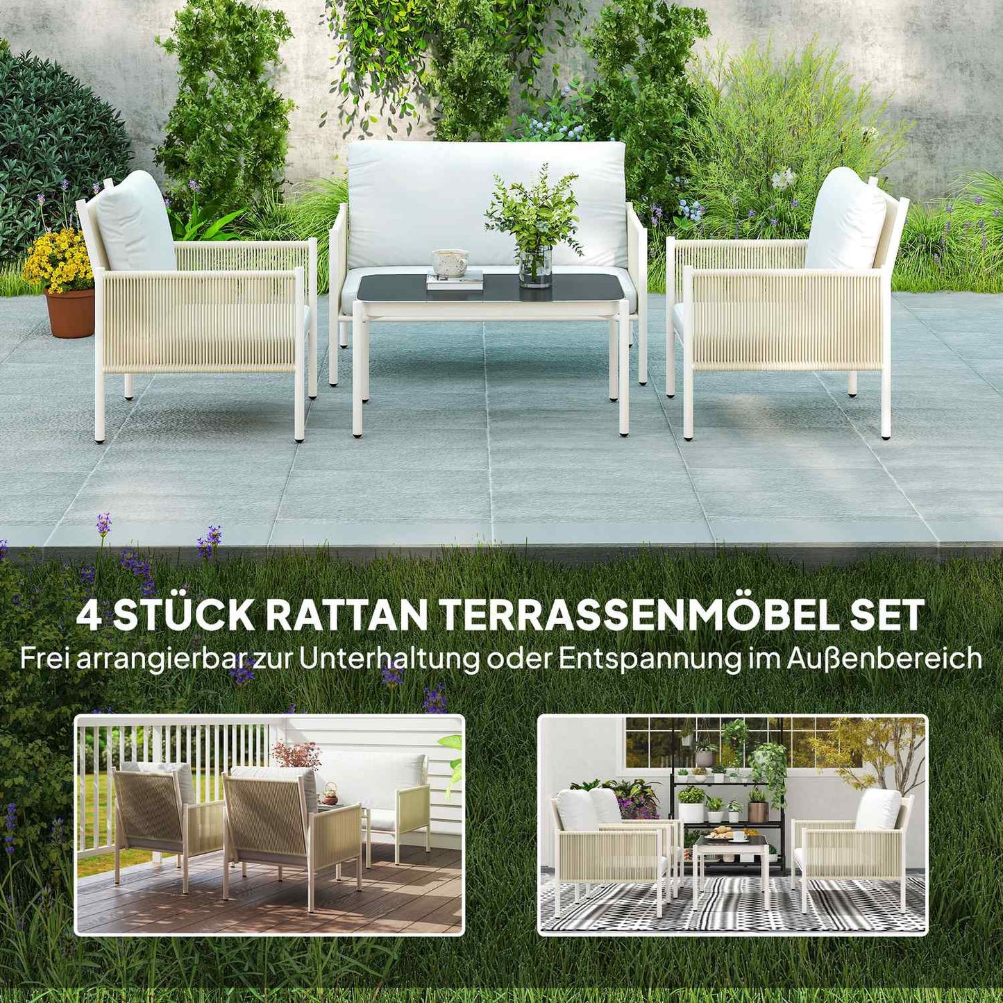 Outdoor poly rattan lounge set with cushions, seats 4