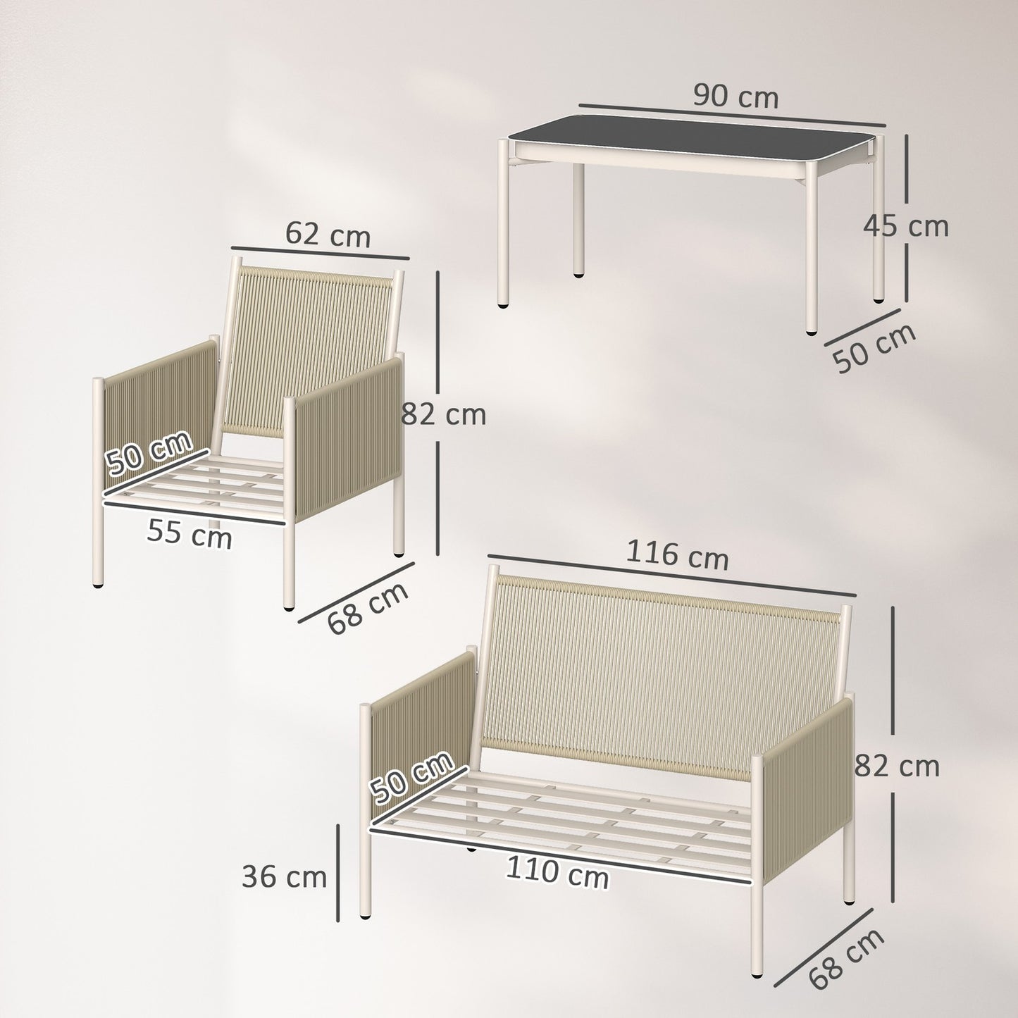 Outdoor poly rattan lounge set with cushions, seats 4