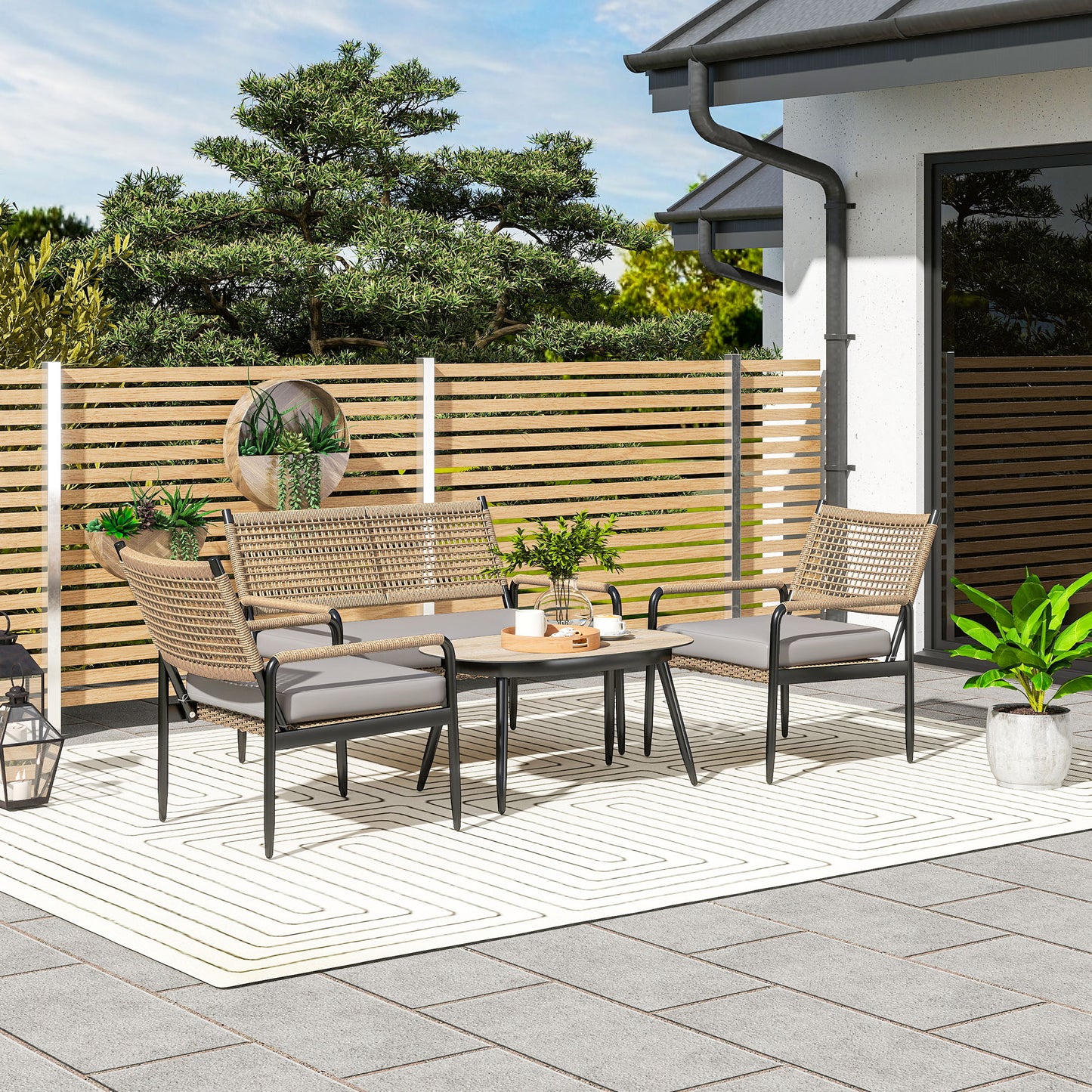 Polyrattan Outdoor Lounge Set, weatherproof, cushioned, 4-person