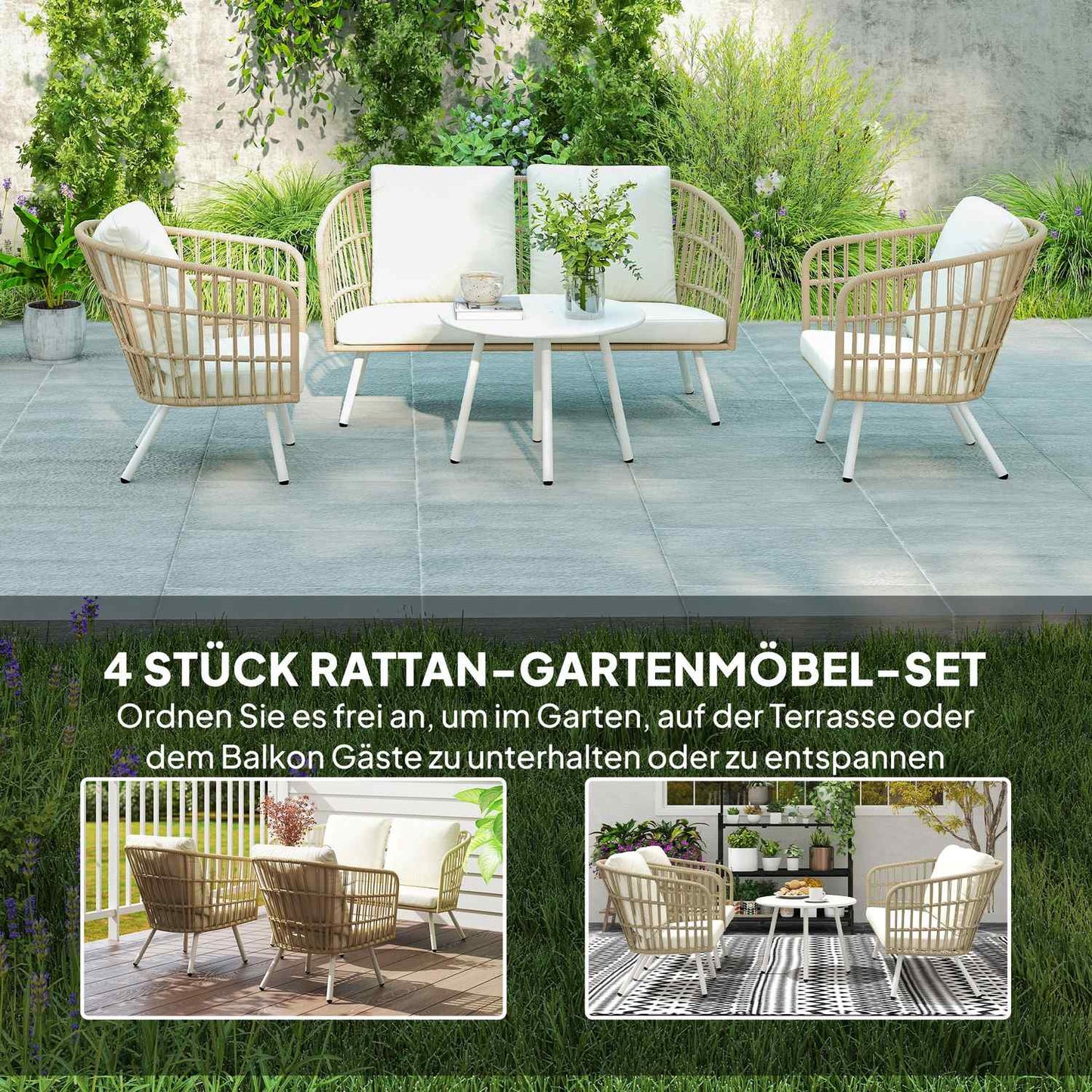 Polyrattan Outdoor Lounge Set, Weather Resistant, Seats 4