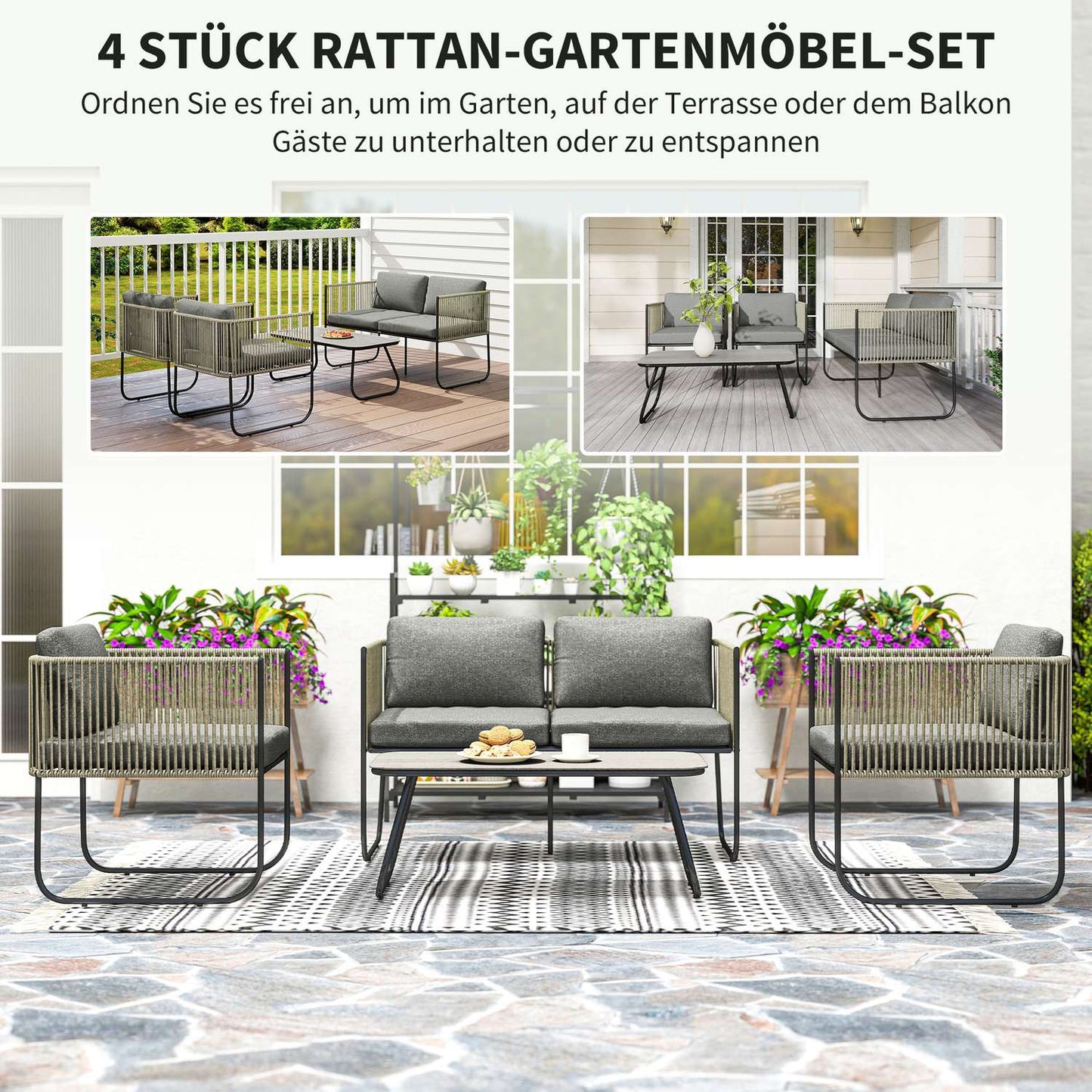 Outdoor furniture in polyrattan, weatherproof for 4 people