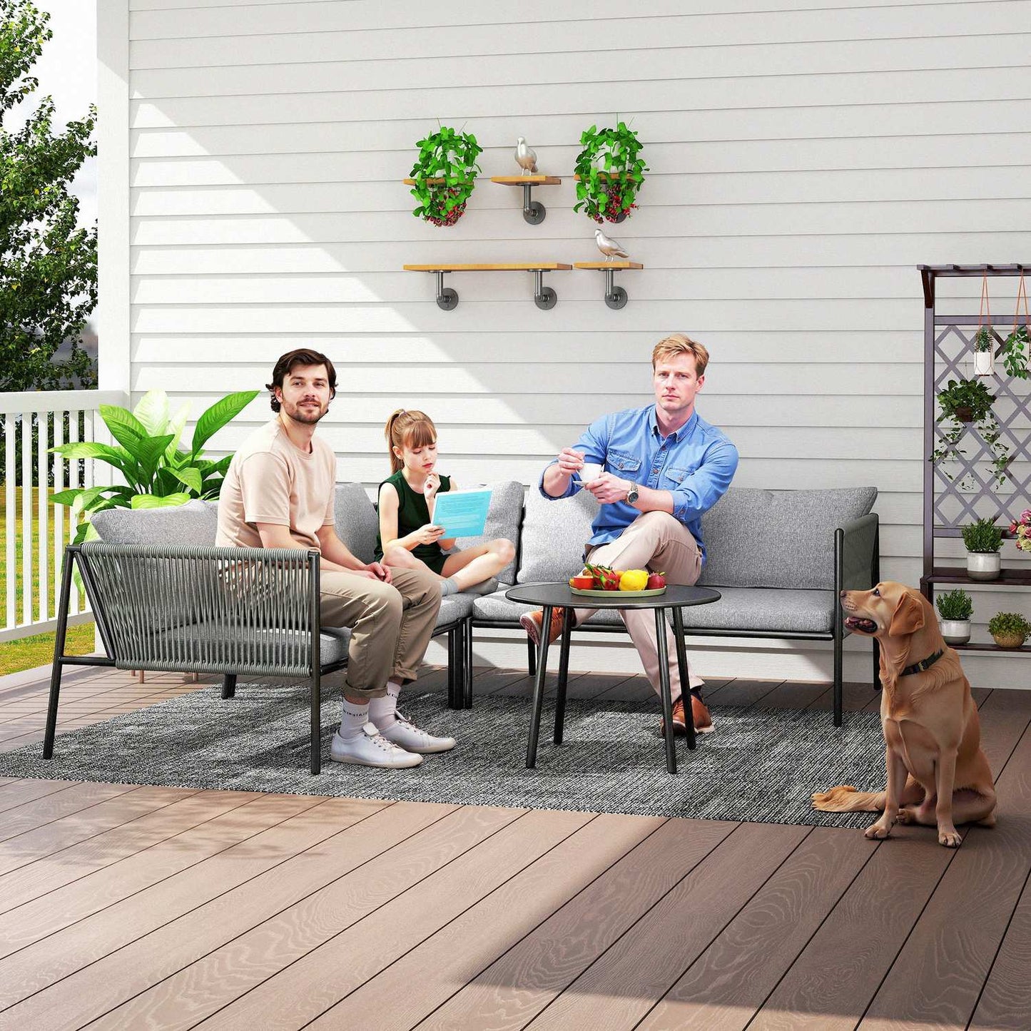 Outdoor poly rattan lounge set, weatherproof seating for 6 people