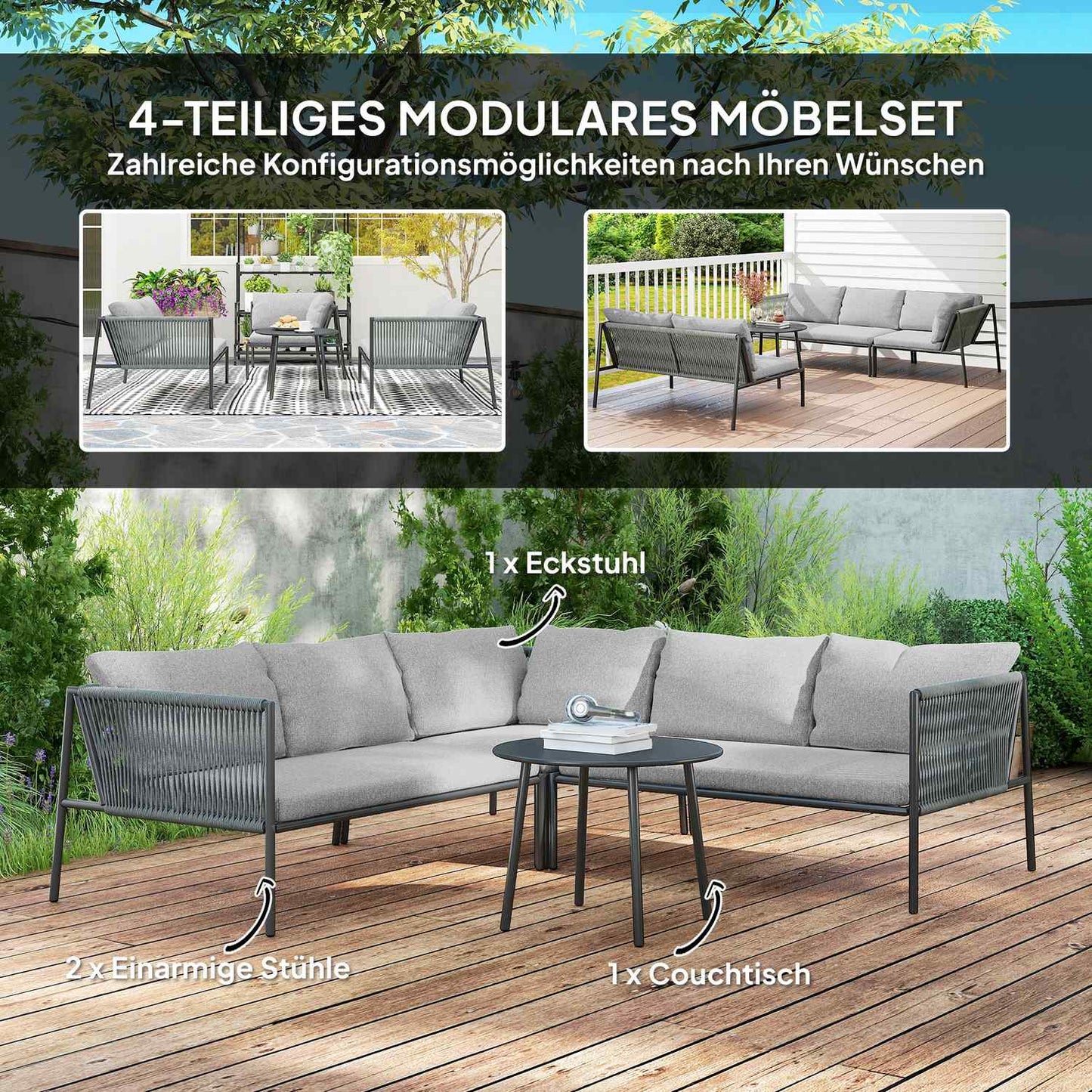 Outdoor poly rattan lounge set, weatherproof seating for 6 people
