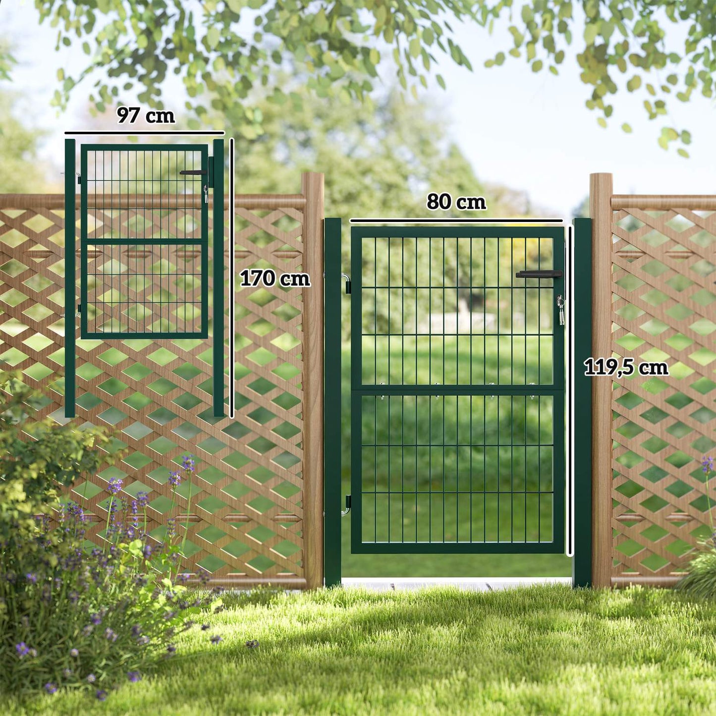Steel garden gate with handle & lock, 97 x 170 cm, green