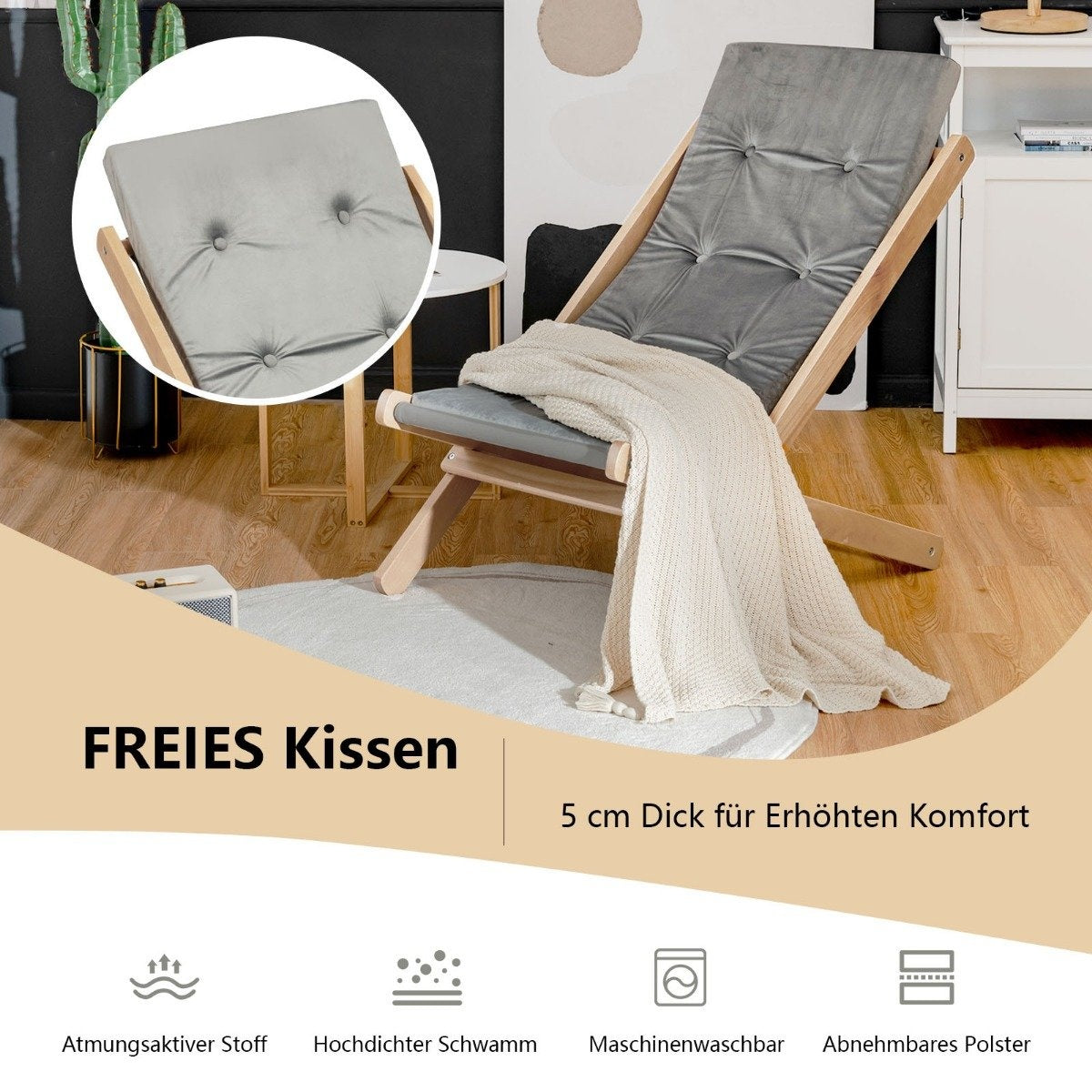 Garden lounger Folding wooden chair with cushions for the pool area Natural + Gray