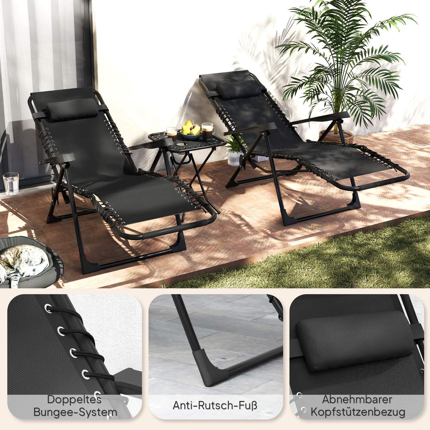 3-part folding metal sun lounger with table and chairs