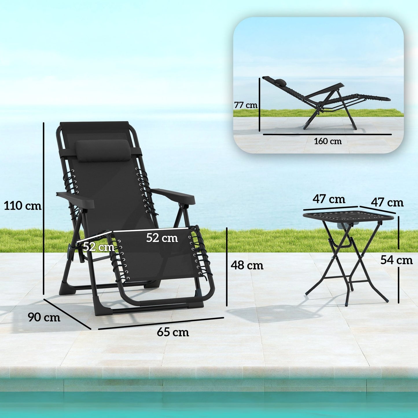 3-part folding metal sun lounger with table and chairs